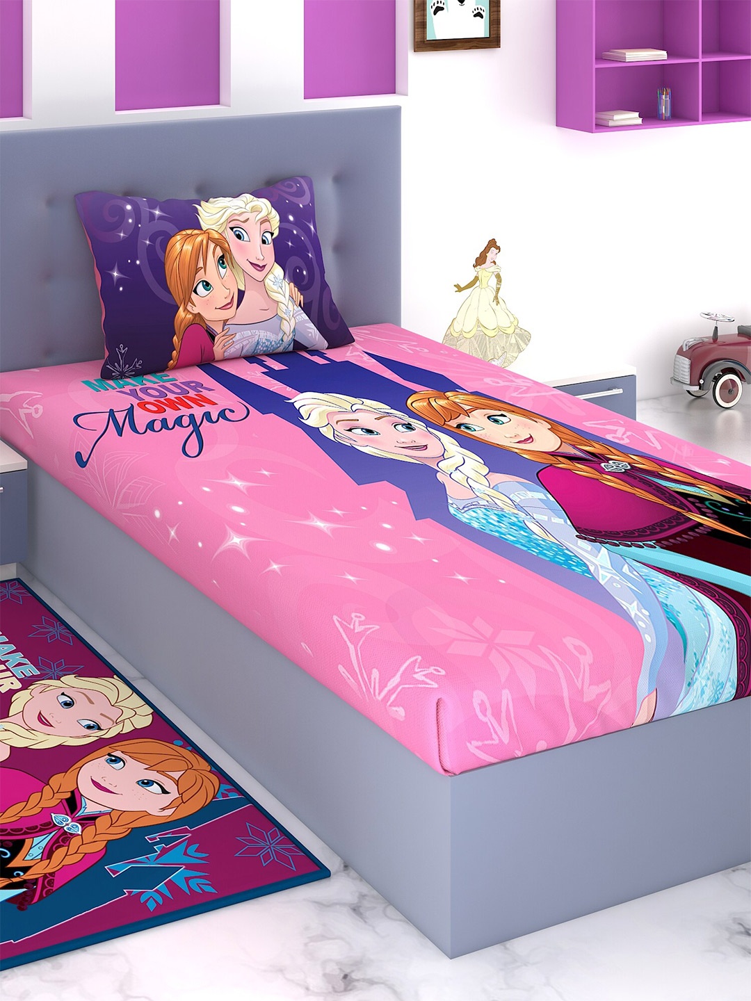 

Disney Pink & Blue Cartoon Characters 180 TC Cotton Single Bedsheet with 1 Pillow Covers