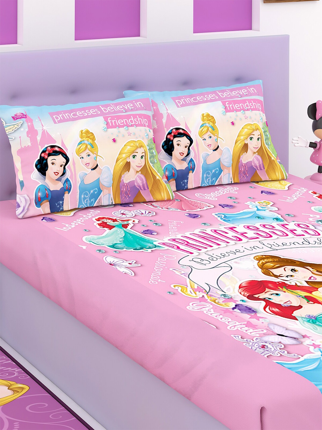 

Disney Pink & White Cartoon Characters 180 TC King Bedsheet with 2 Pillow Covers