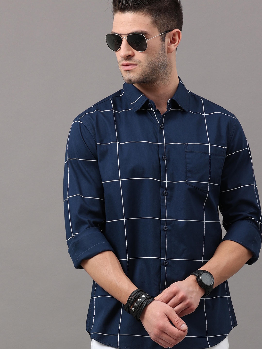 

HERE&NOW Men Navy Blue & White Slim Fit Windowpane Checks Checked Cotton Casual Shirt