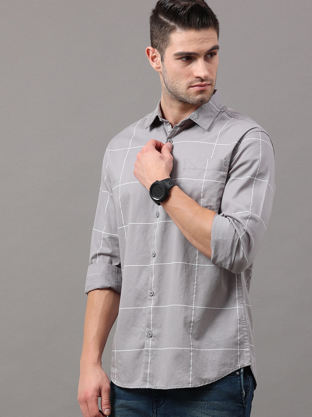 

HERE&NOW Men Grey & White Slim Fit Windowpane Checks Checked Cotton Casual Shirt
