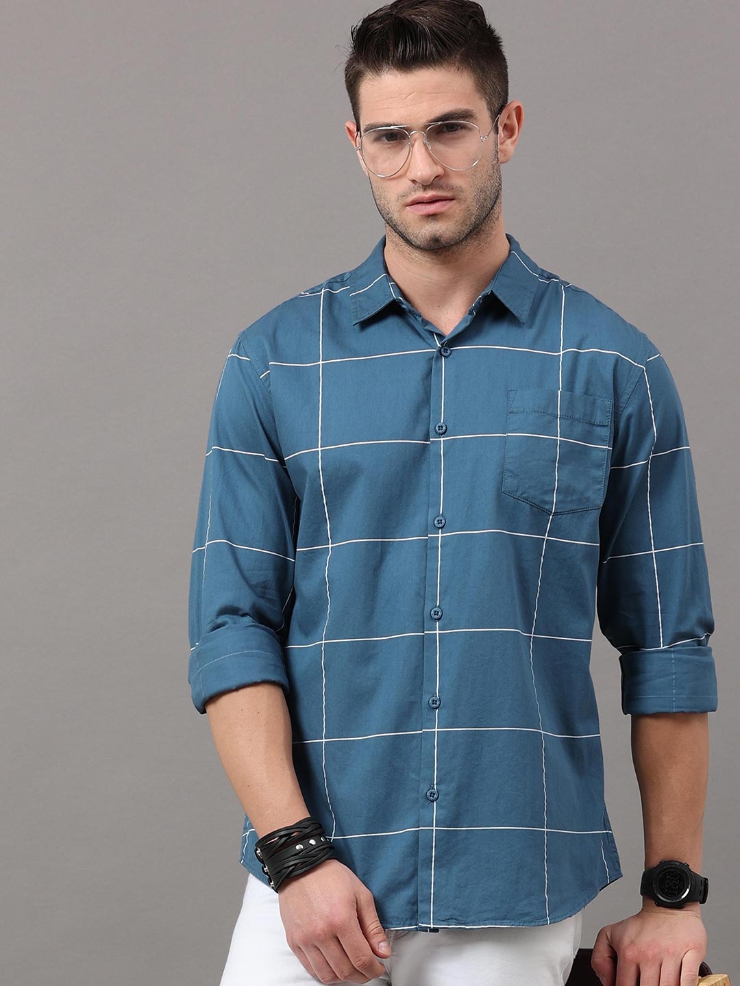 

HERE&NOW Men Teal Blue Slim Fit Windowpane Checked Cotton Casual Shirt