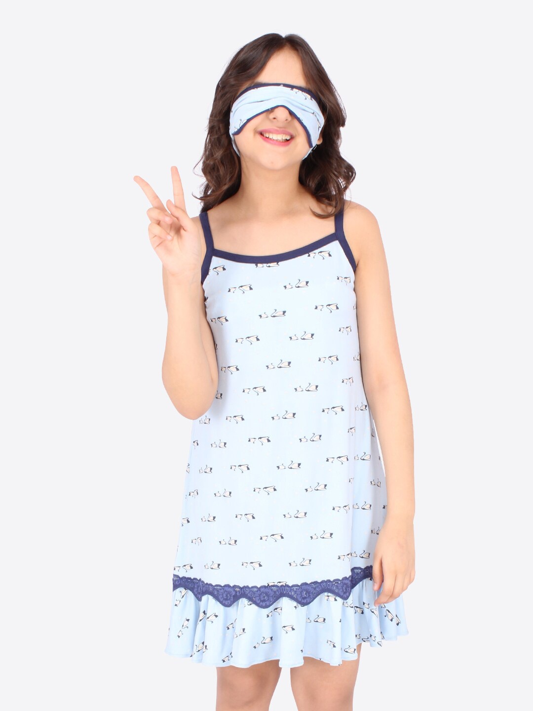 

CUTECUMBER Girls Blue Printed Nightdress With Eye Mask