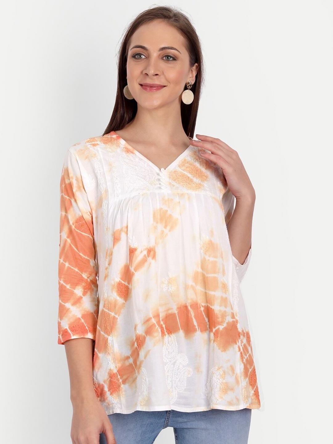 

Indiankala4u White & Brown Tie and Dye Embroidered Chikankari Pure Cotton Top