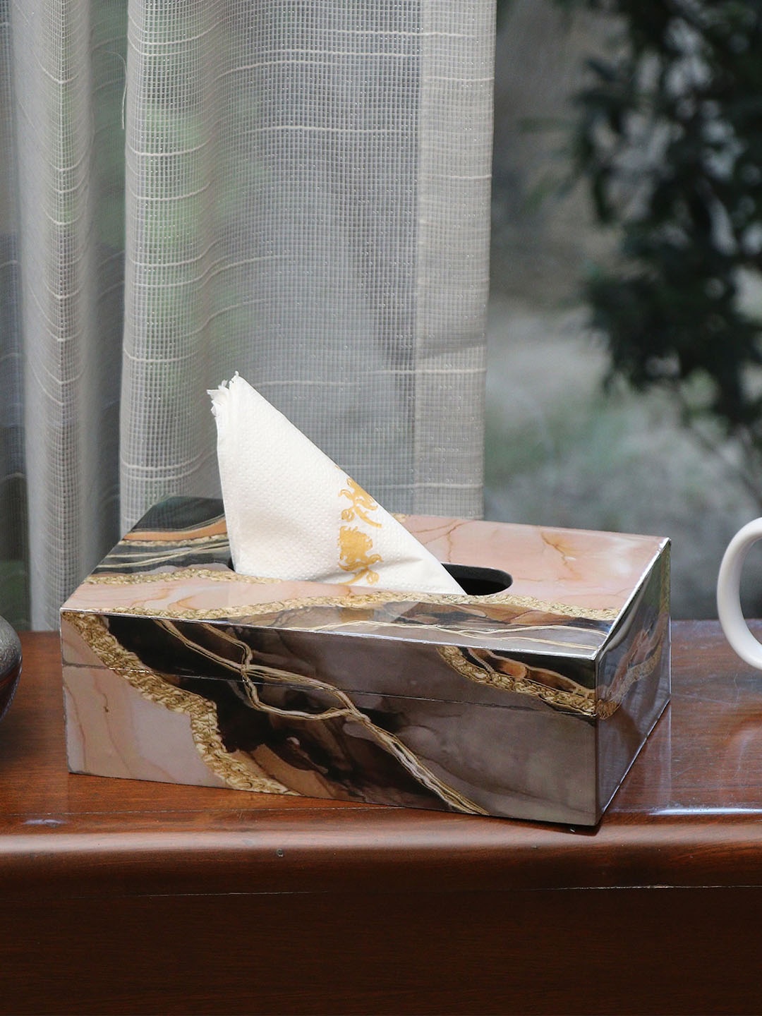 

DULI Brown & Gold-Toned Printed Tissue Box Holder