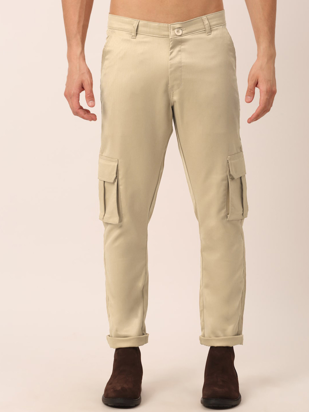 

JAINISH Men Beige Smart Slim Fit Cotton Cargos Trousers