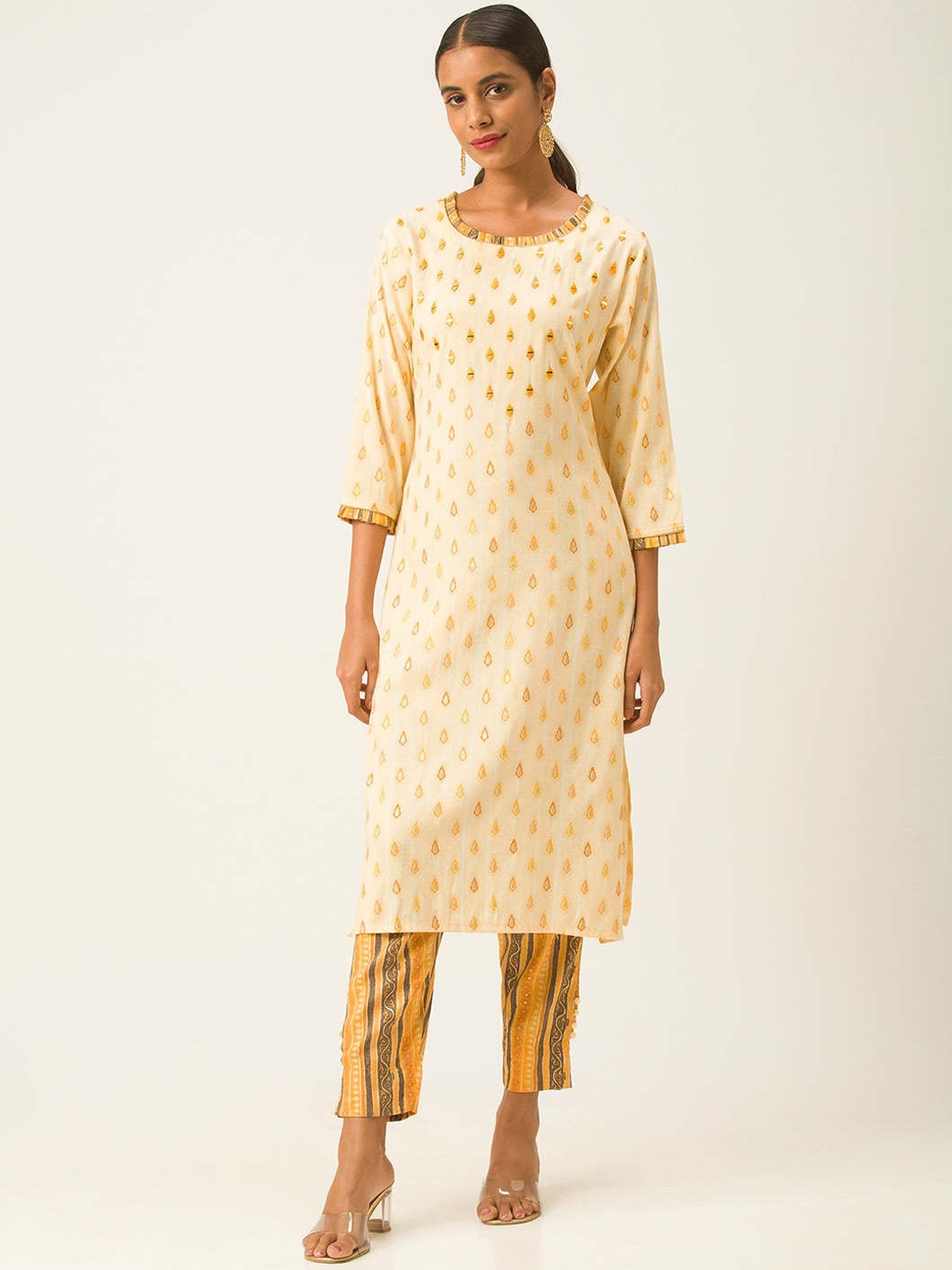 

ZOLA Women Off-White & Yellow Ethnic Motifs Printed Kurta with Trousers