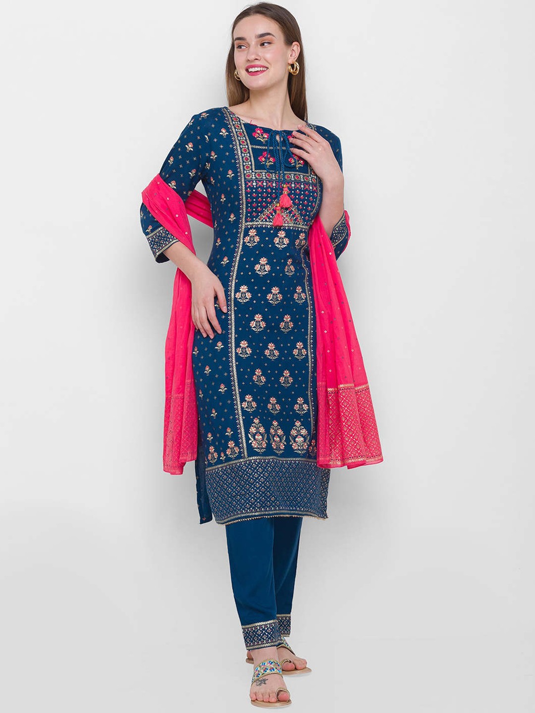 

ZOLA Women Blue Floral Printed Kurta with Trousers & With Dupatta