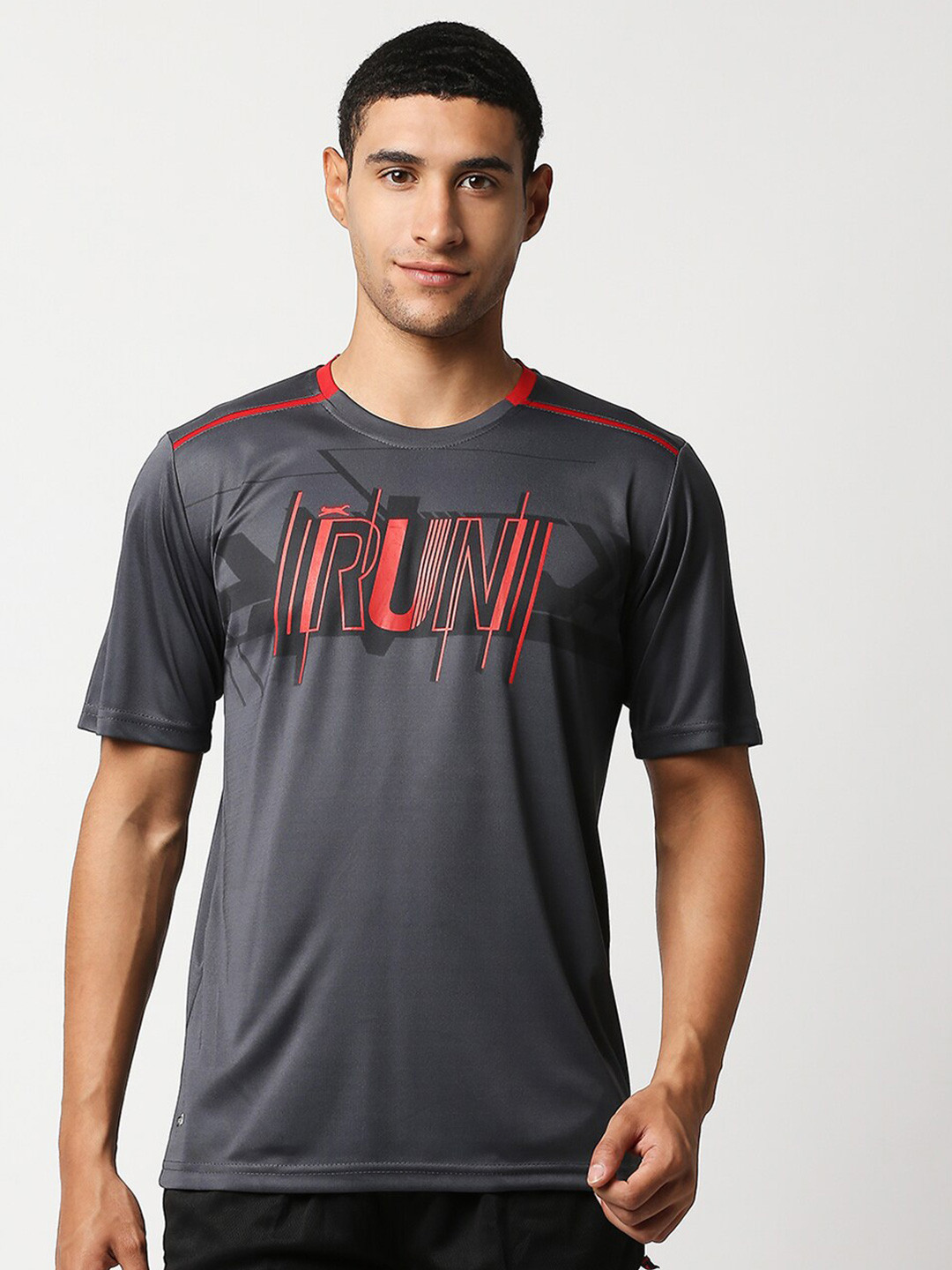 

Black Panther Men Charcoal Typography Printed Slim Fit Running T-shirt