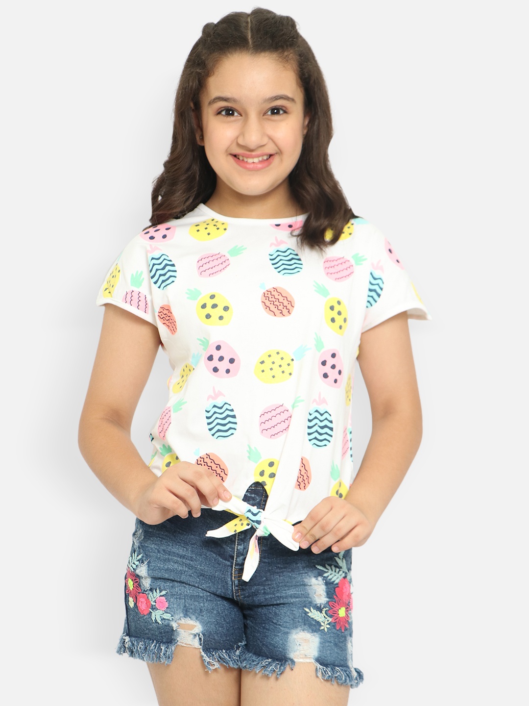 

Natilene Girls White & Pink Conversational Print Extended Sleeves Pure Cotton Top