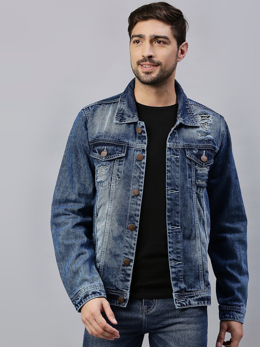 

High Star Men Blue Washed Distressed Denim Jacket
