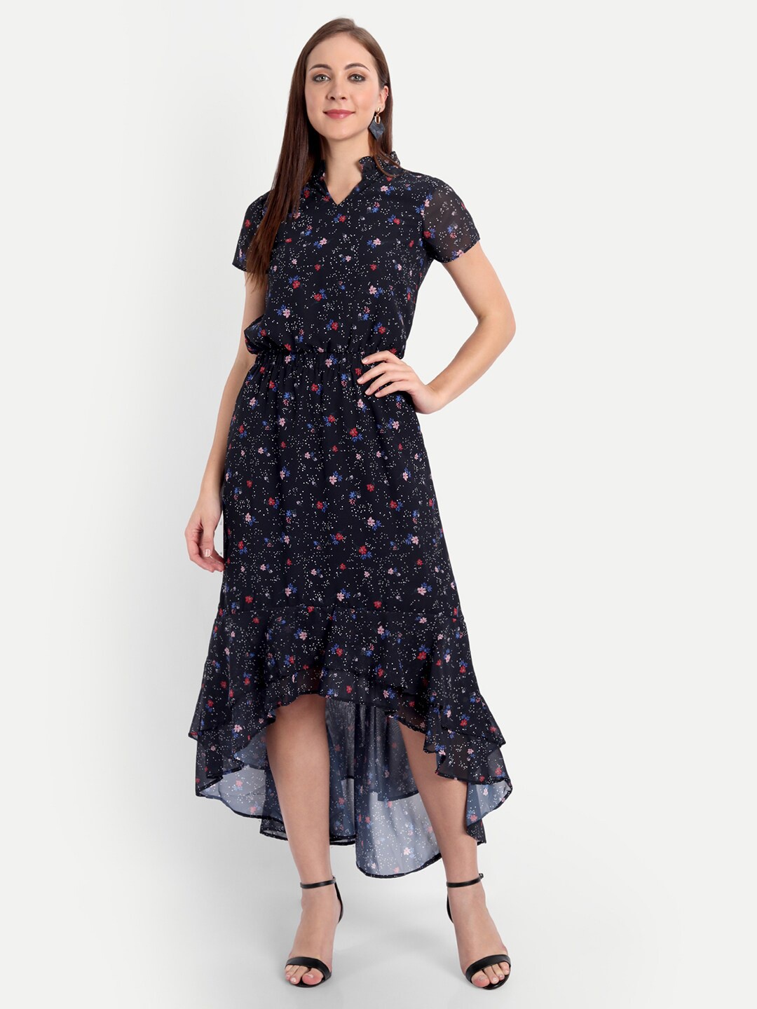 

CHARMGAL Blue Floral Georgette Fit & Flare Dress