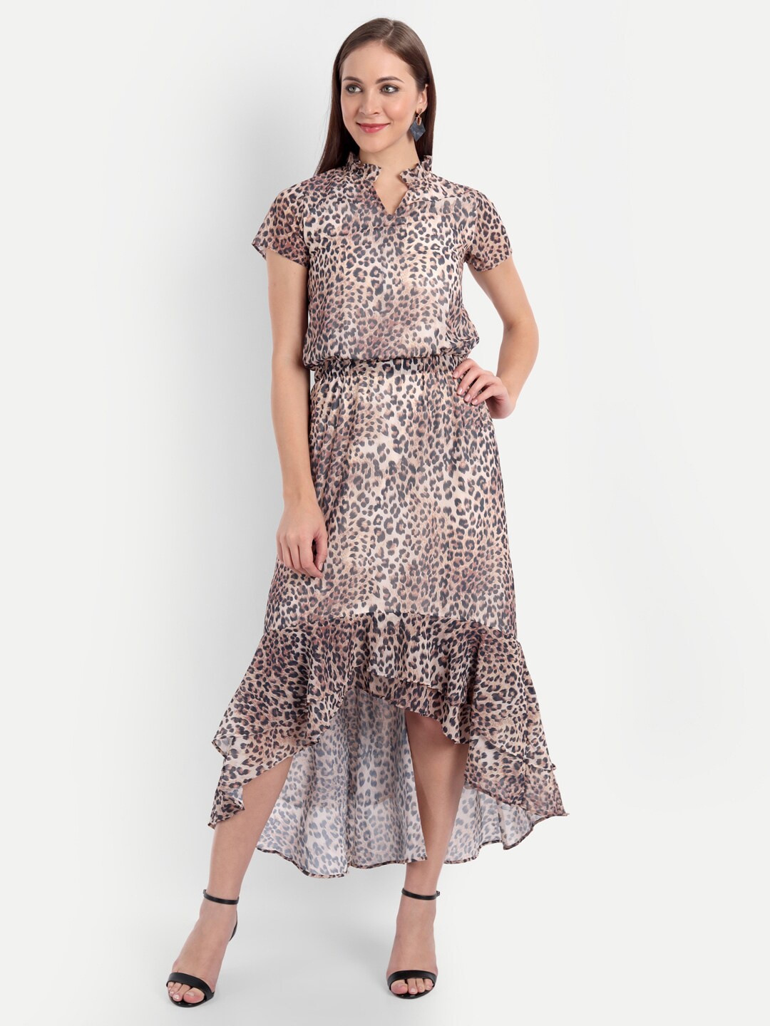 

CHARMGAL Beige Animal Georgette High Low Hem Fit & Flare Midi Dress