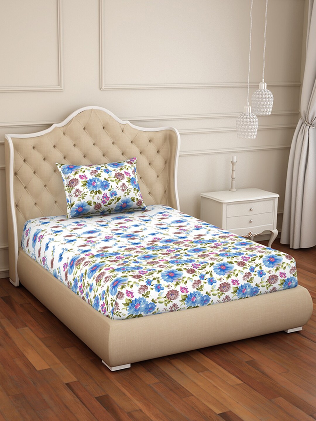 

Welspun Blue & White Floral 144 TC Single Bedsheet with 1 Pillow Covers