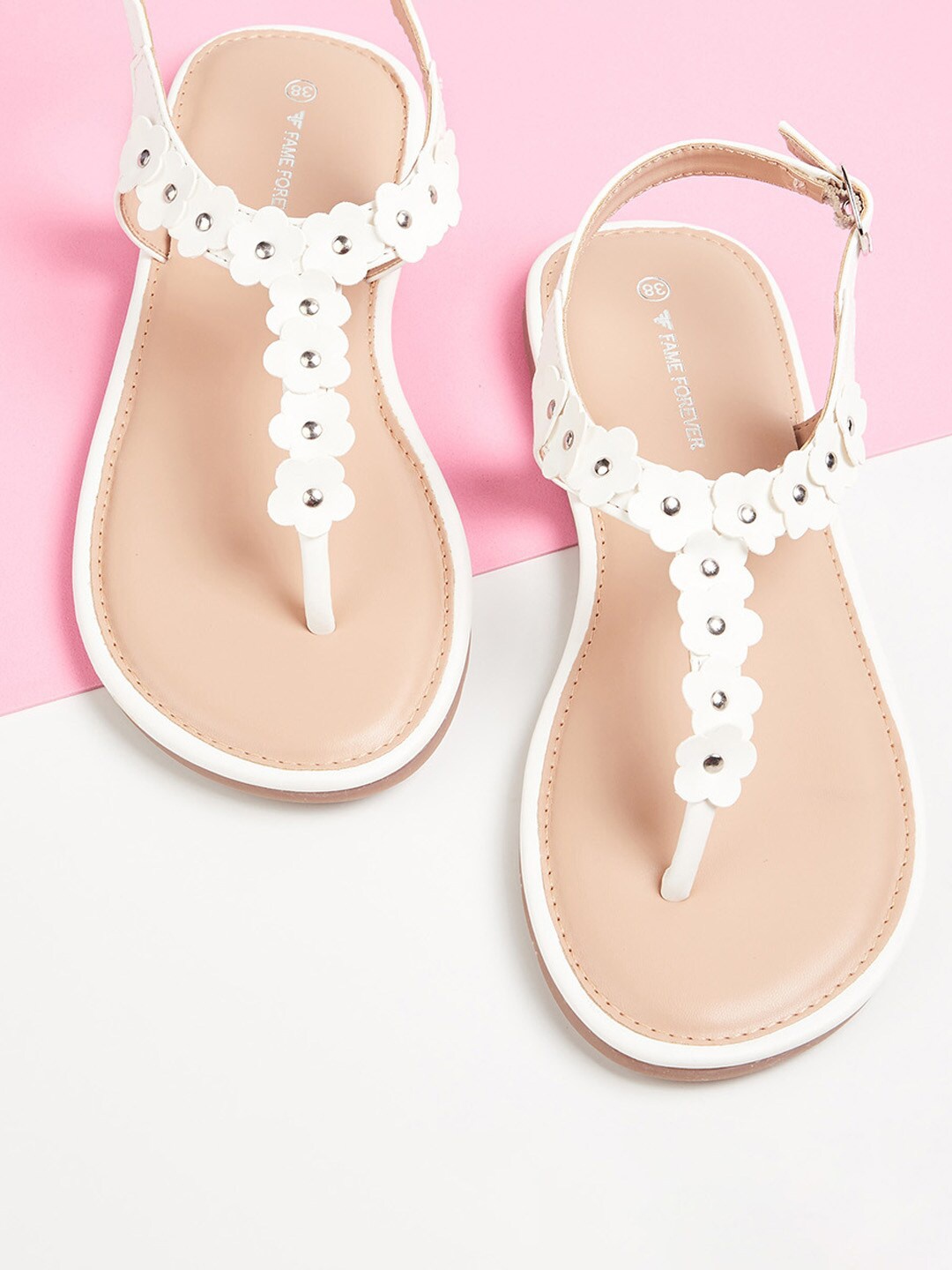 

Fame Forever by Lifestyle Girls White Embellished PU T-Strap Flats