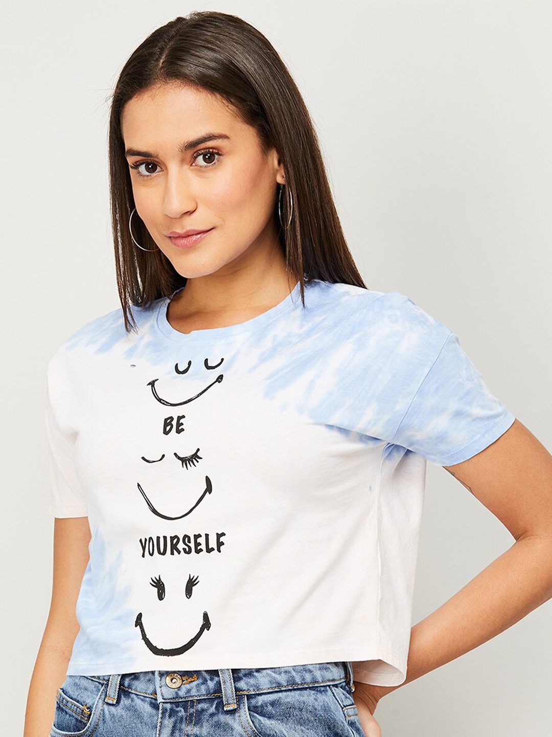 

SmileyWorld White & Blue Tie & Die Crop Knitted Pure Cotton Top