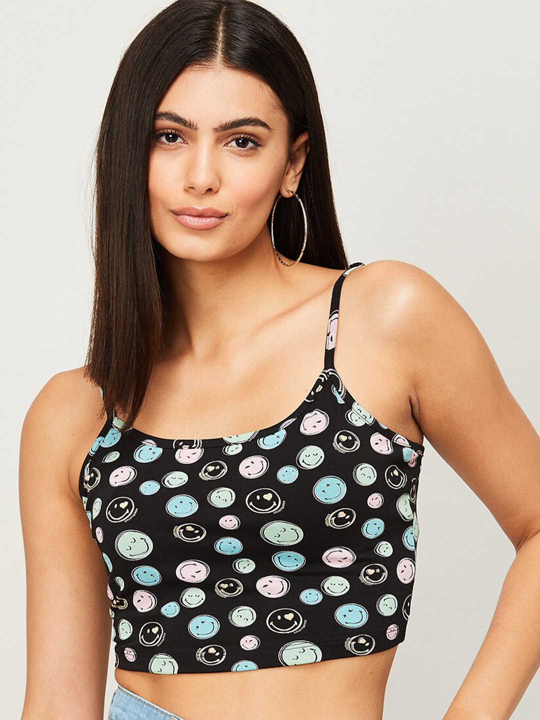 

SmileyWorld Black & Blue Graphic Printed Bralette Crop Top