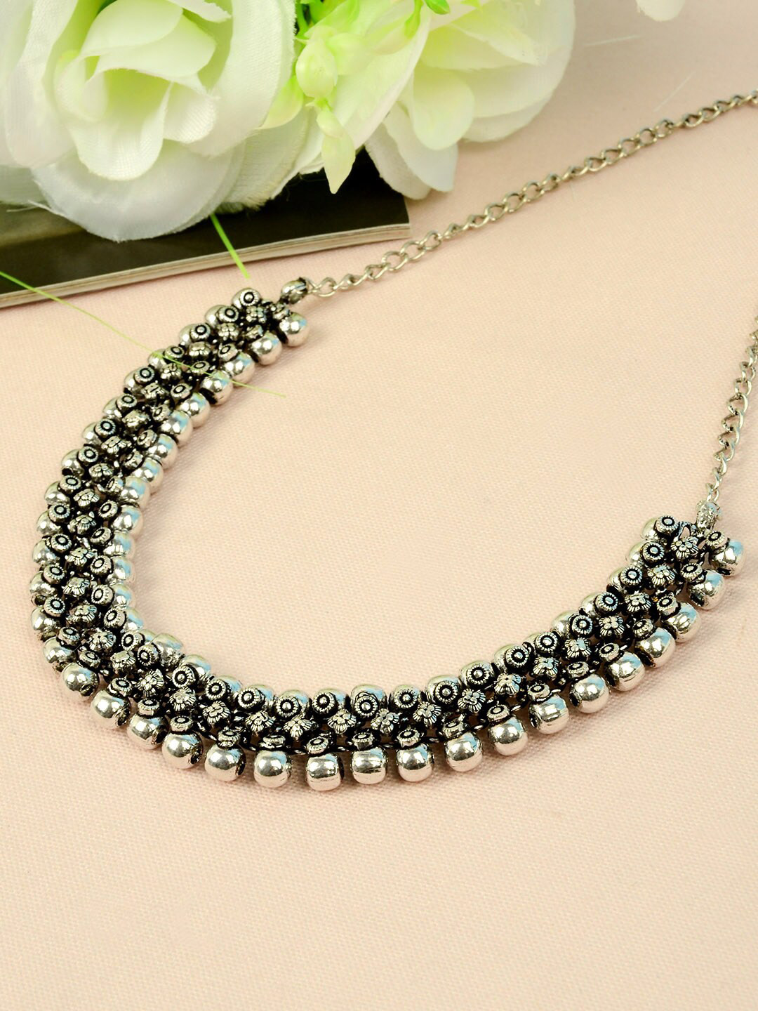 

Urmika Silver-Toned Oxidised Ghungroo Beads Choker Necklace
