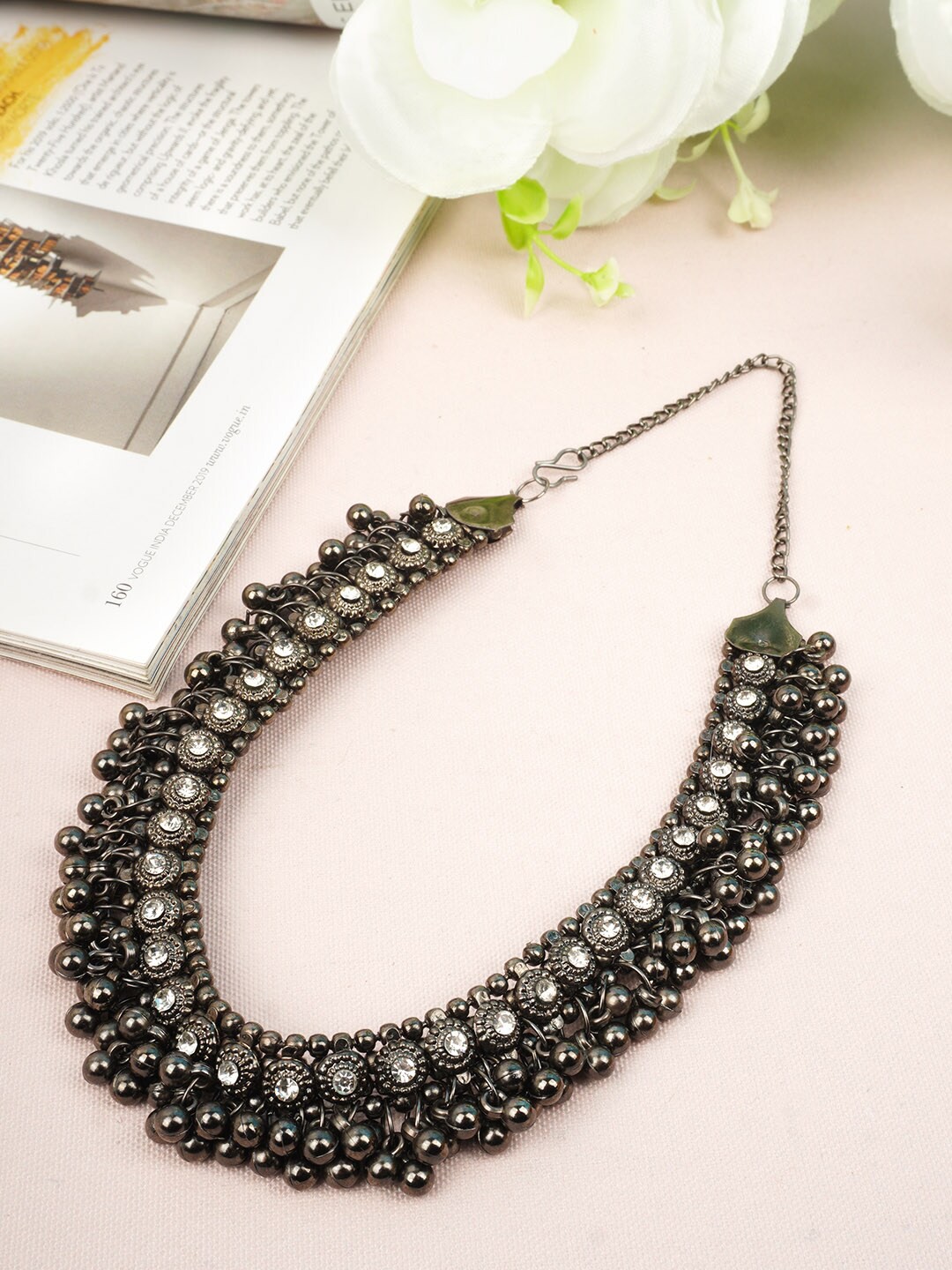 

Urmika Silver-Toned & Black Oxidised Stones & Beaded Choker Necklace