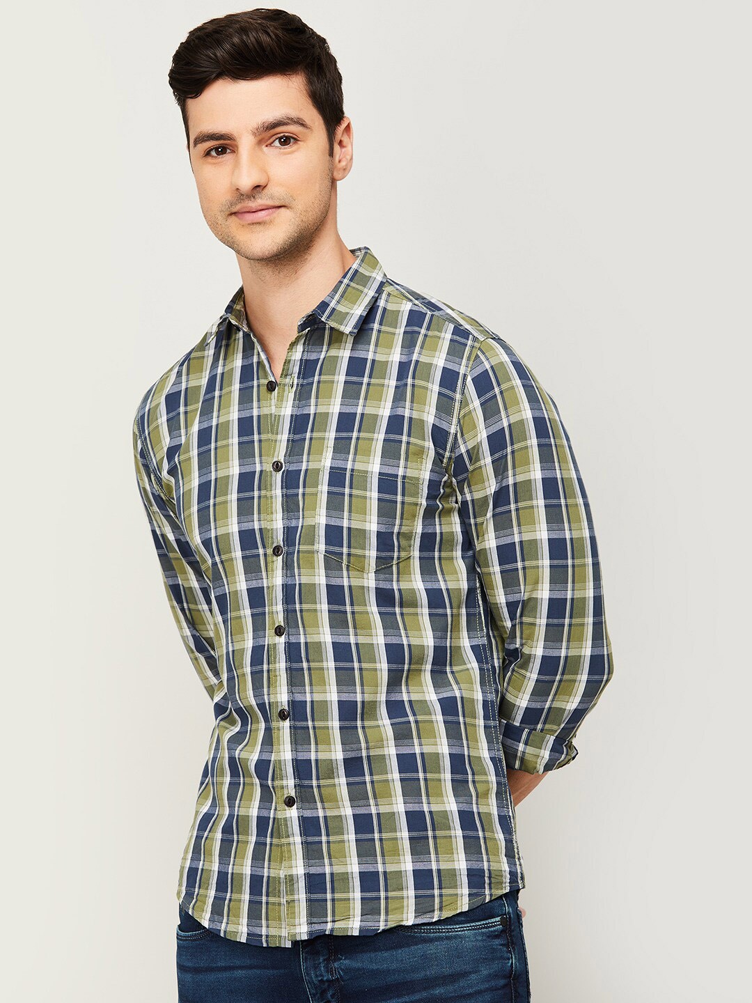

Forca by Lifestyle Men Olive Green & Blue Tartan Checked Cotton Casual Shirt