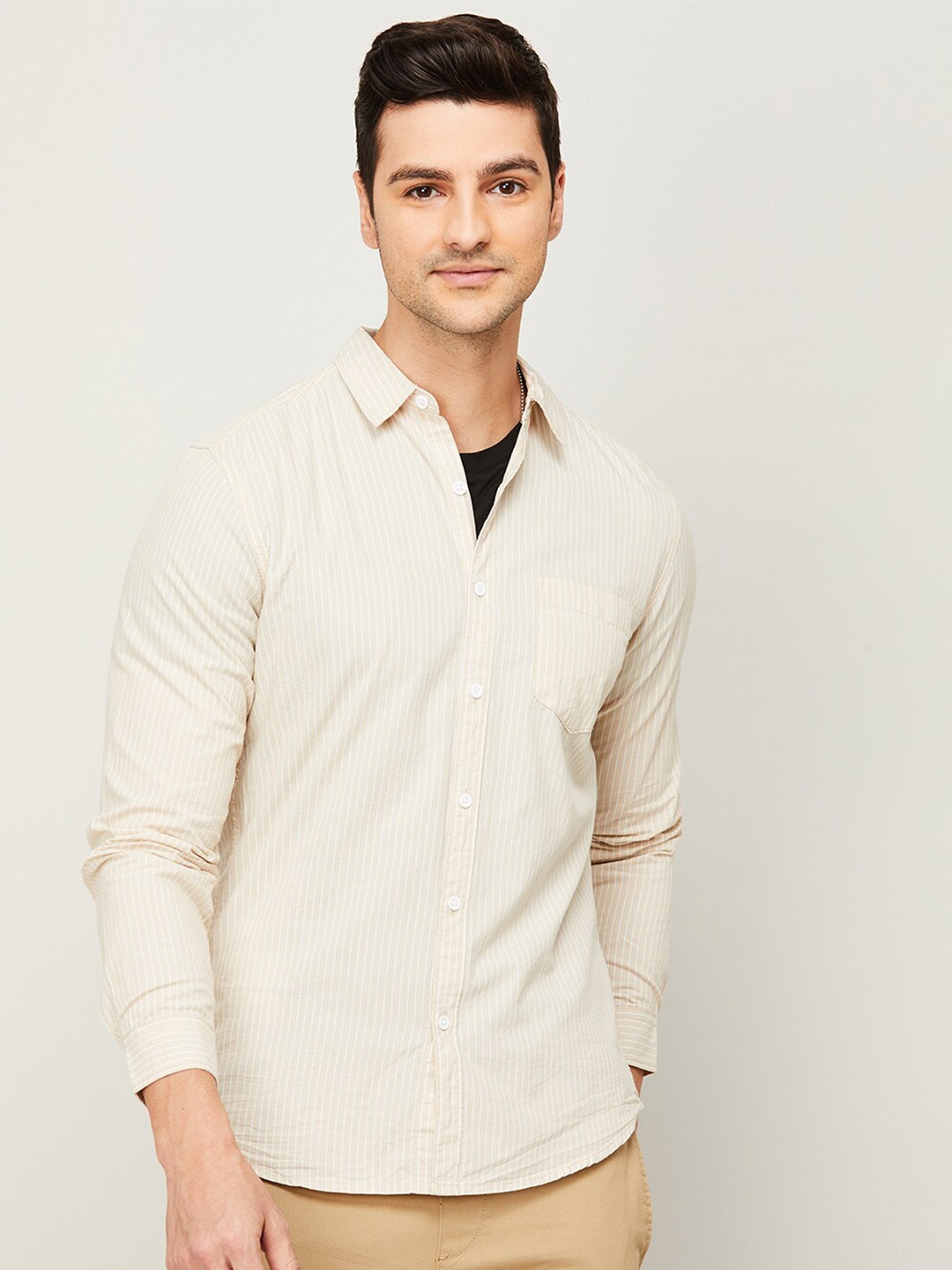 

Forca by Lifestyle Men Beige & White Striped Cotton Casual Shirt