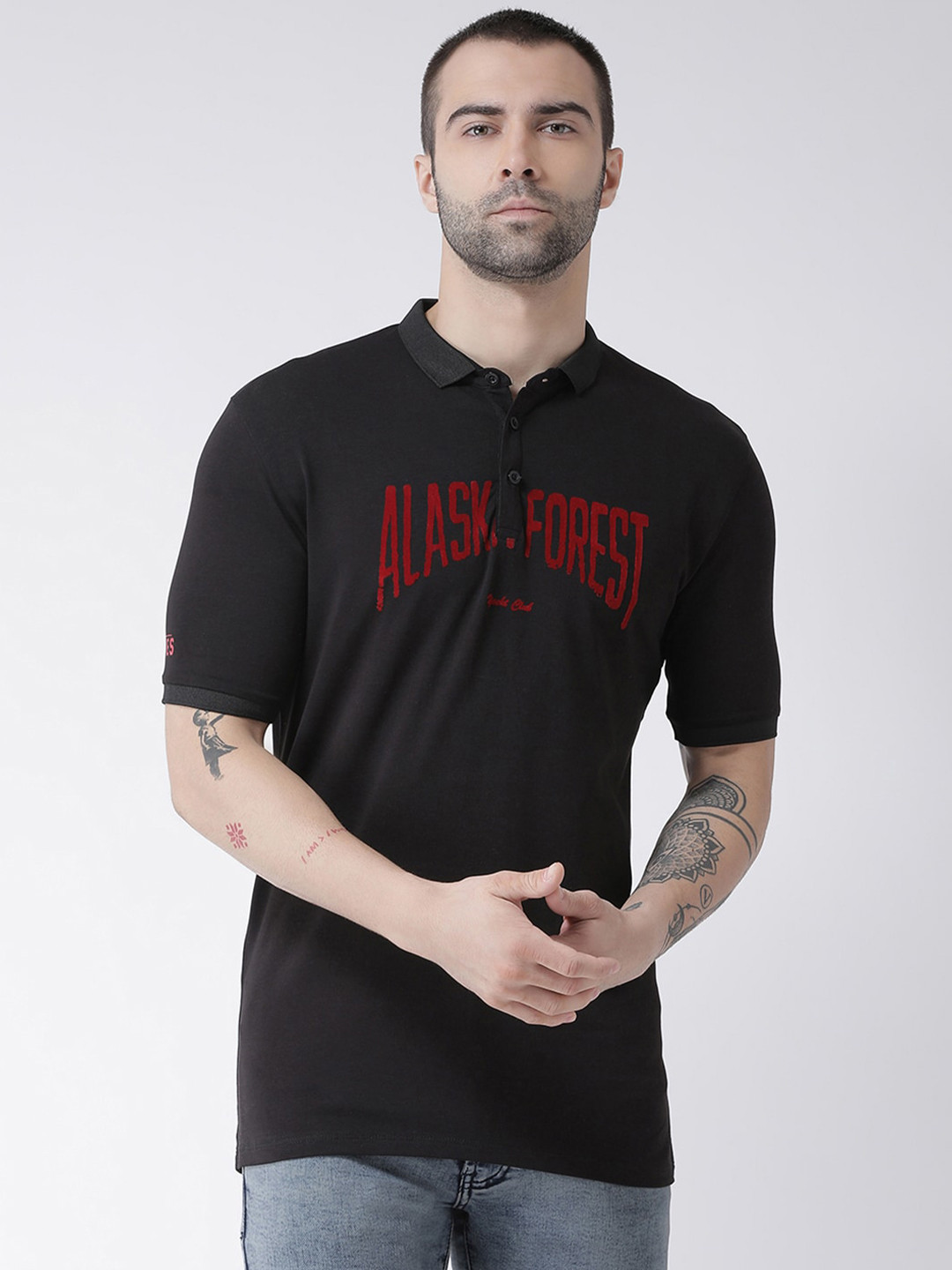 

Rex Straut Jeans Men Black Typography Printed Polo Collar Slim Fit T-shirt