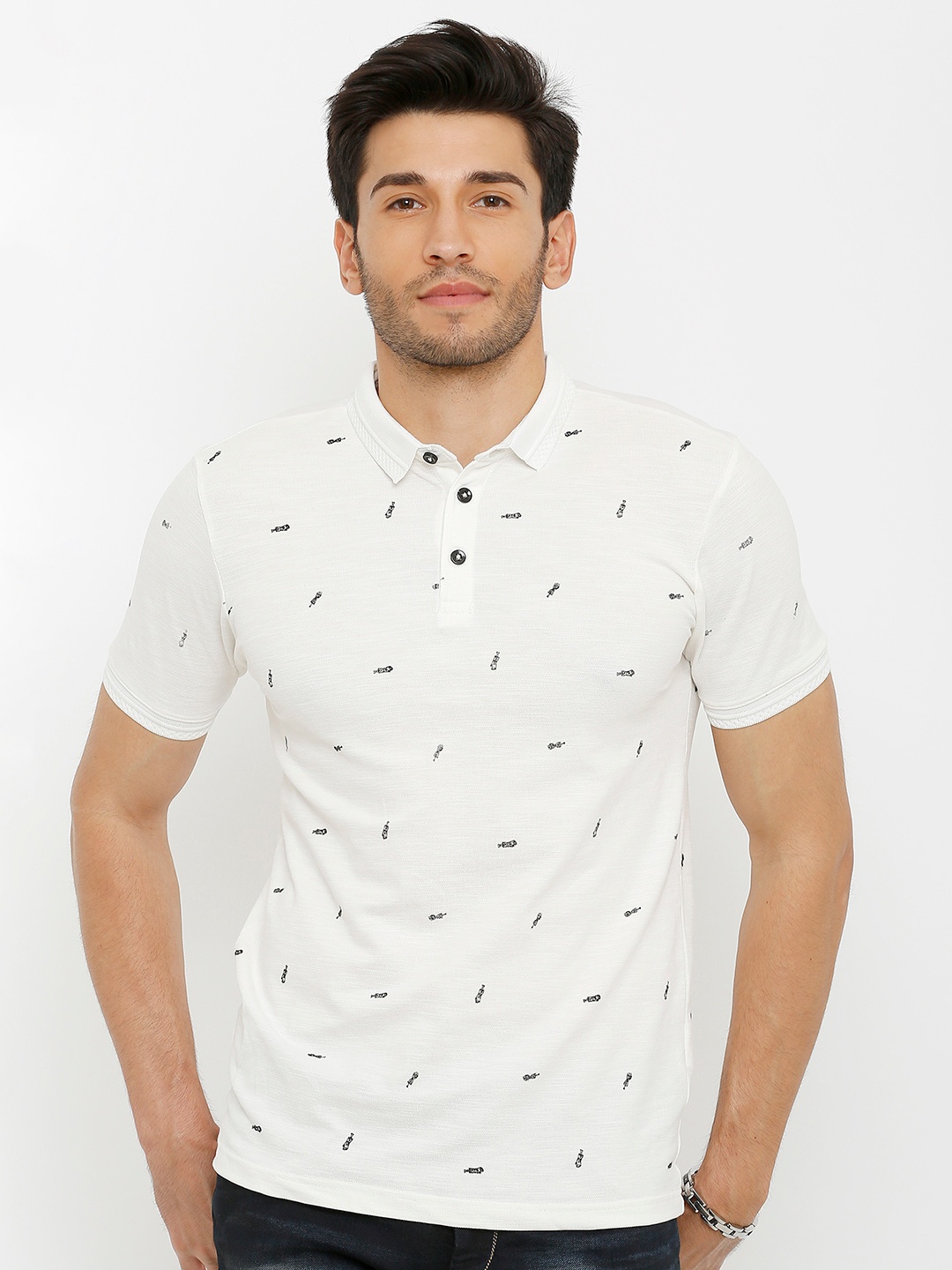 

Rex Straut Jeans Men White Printed Polo Collar Slim Fit T-shirt