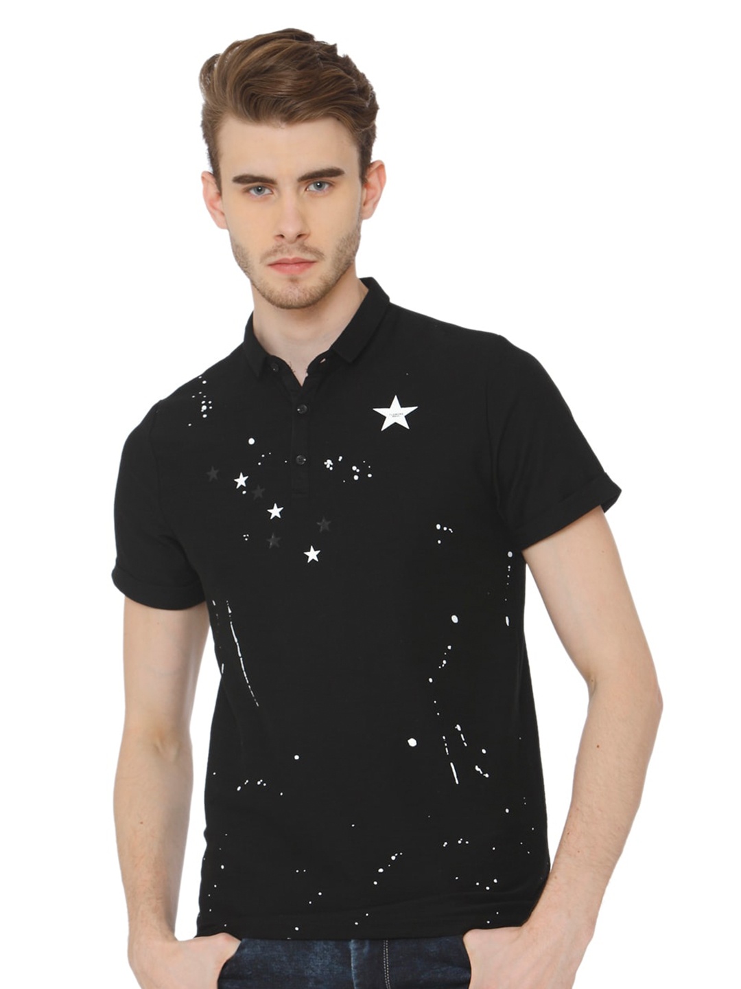 

Rex Straut Jeans Men Black & White Printed Polo Collar Slim Fit Cotton T-shirt
