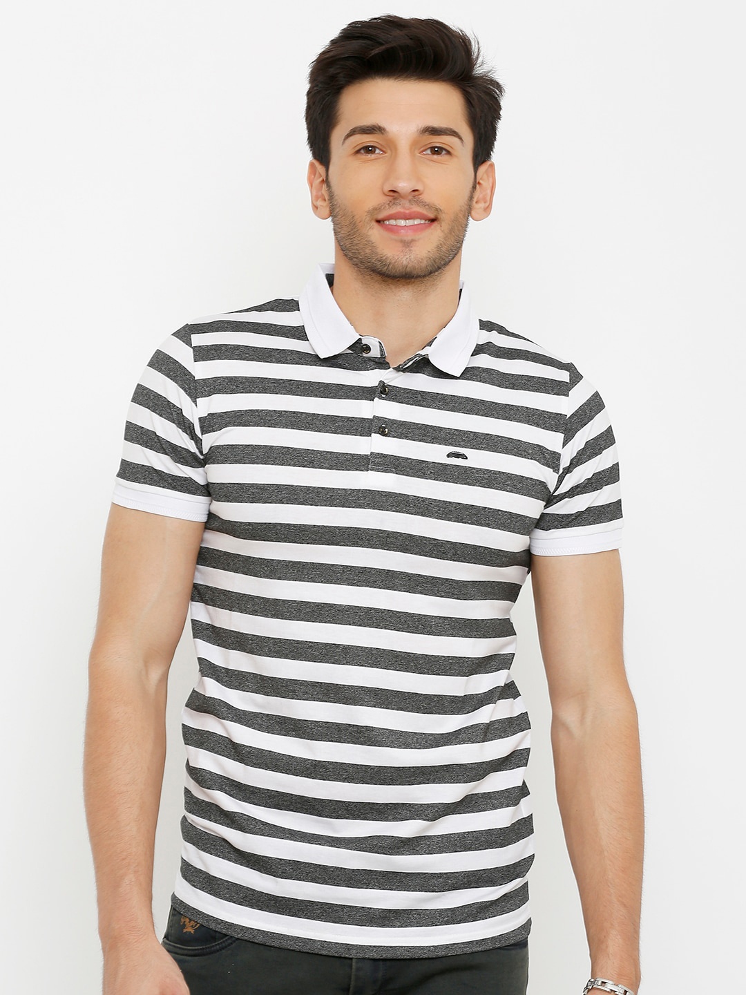 

Rex Straut Jeans Men Charcoal Grey & White Striped Polo Collar Slim Fit Cotton T-shirt