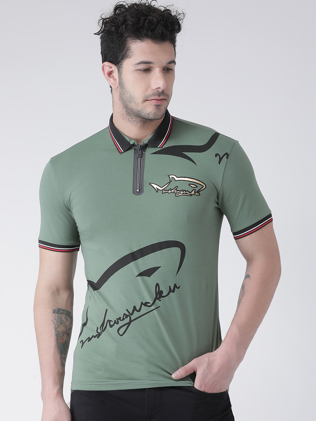 

Rex Straut Jeans Men Green Typography Printed Polo Collar Slim Fit CottonT-shirt