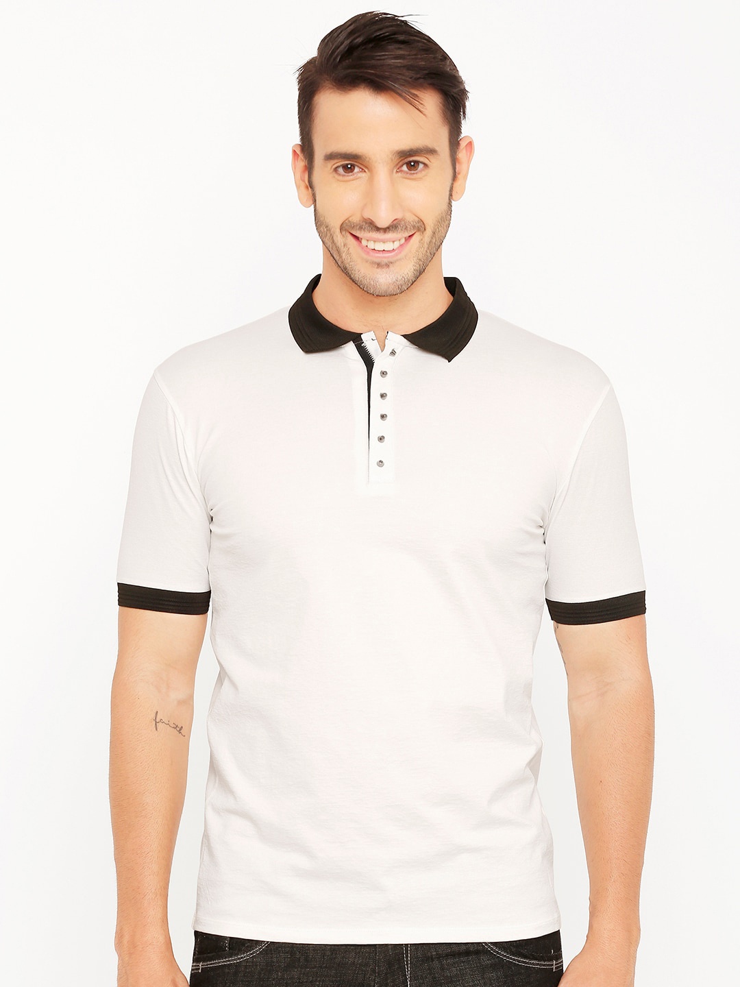 

Rex Straut Jeans Men White & Black Polo Collar Monochrome Slim Fit T-shirt