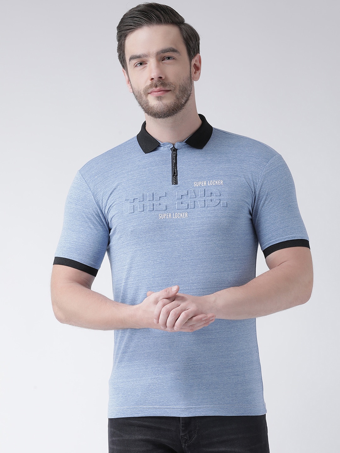 

Rex Straut Jeans Men Blue Typography Striped Polo Collar Slim Fit T-shirt