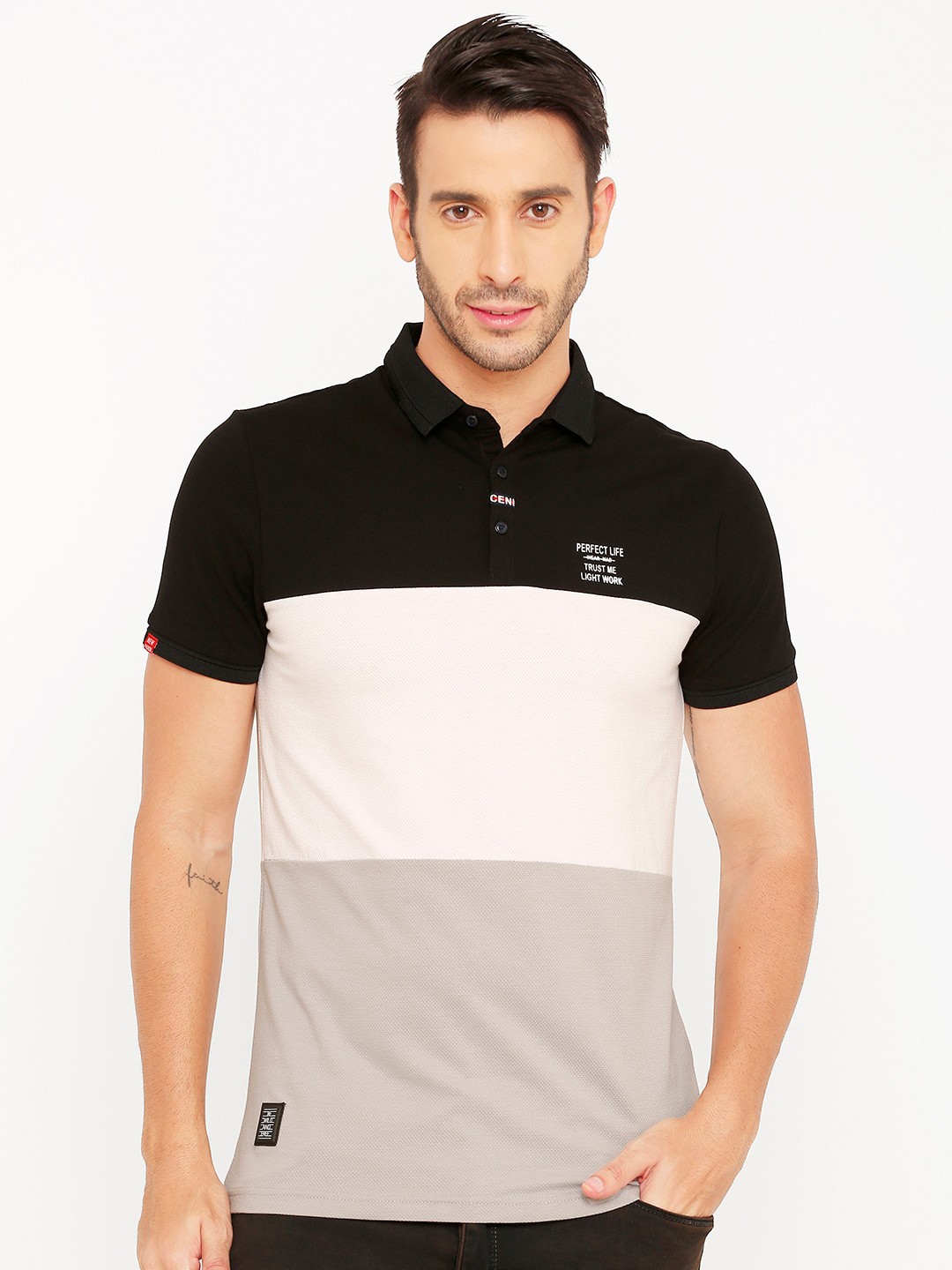

Rex Straut Jeans Men Black Colourblocked Polo Collar Slim Fit T-shirt