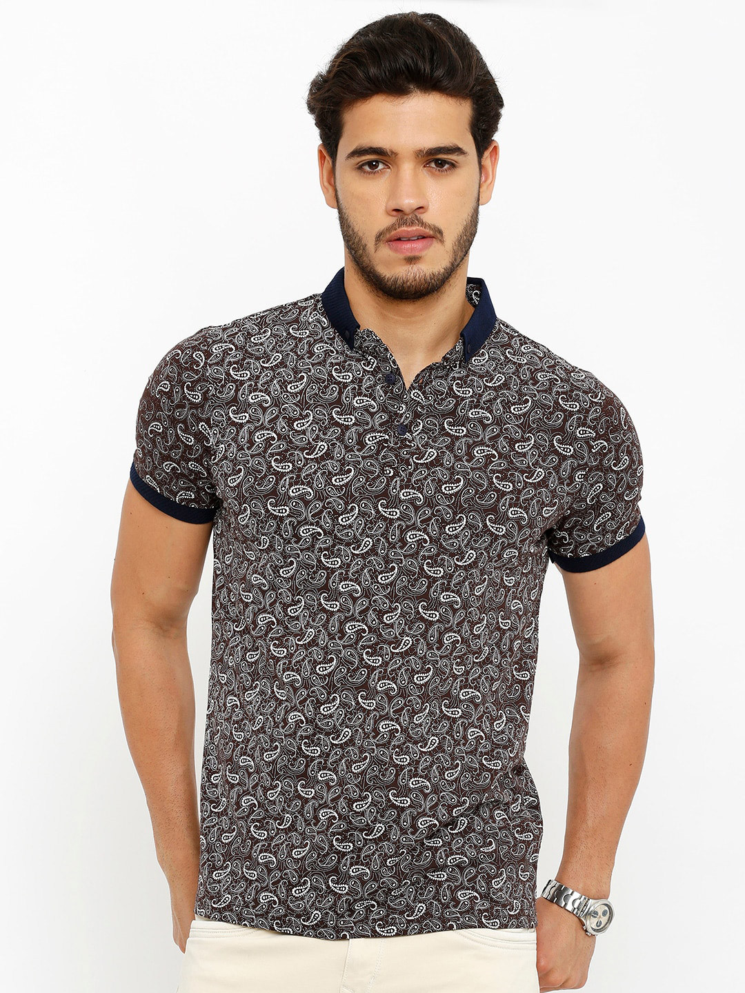

Rex Straut Jeans Men Brown Printed Polo Collar Slim Fit T-shirt