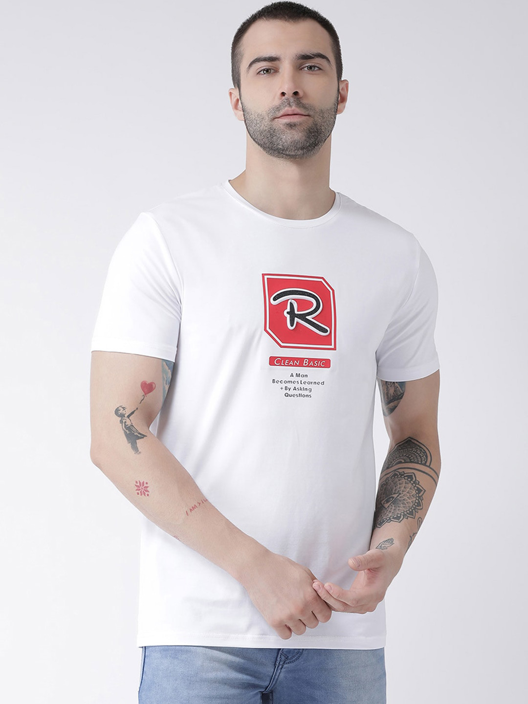 

Rex Straut Jeans Men White Typography Printed Slim Fit T-shirt