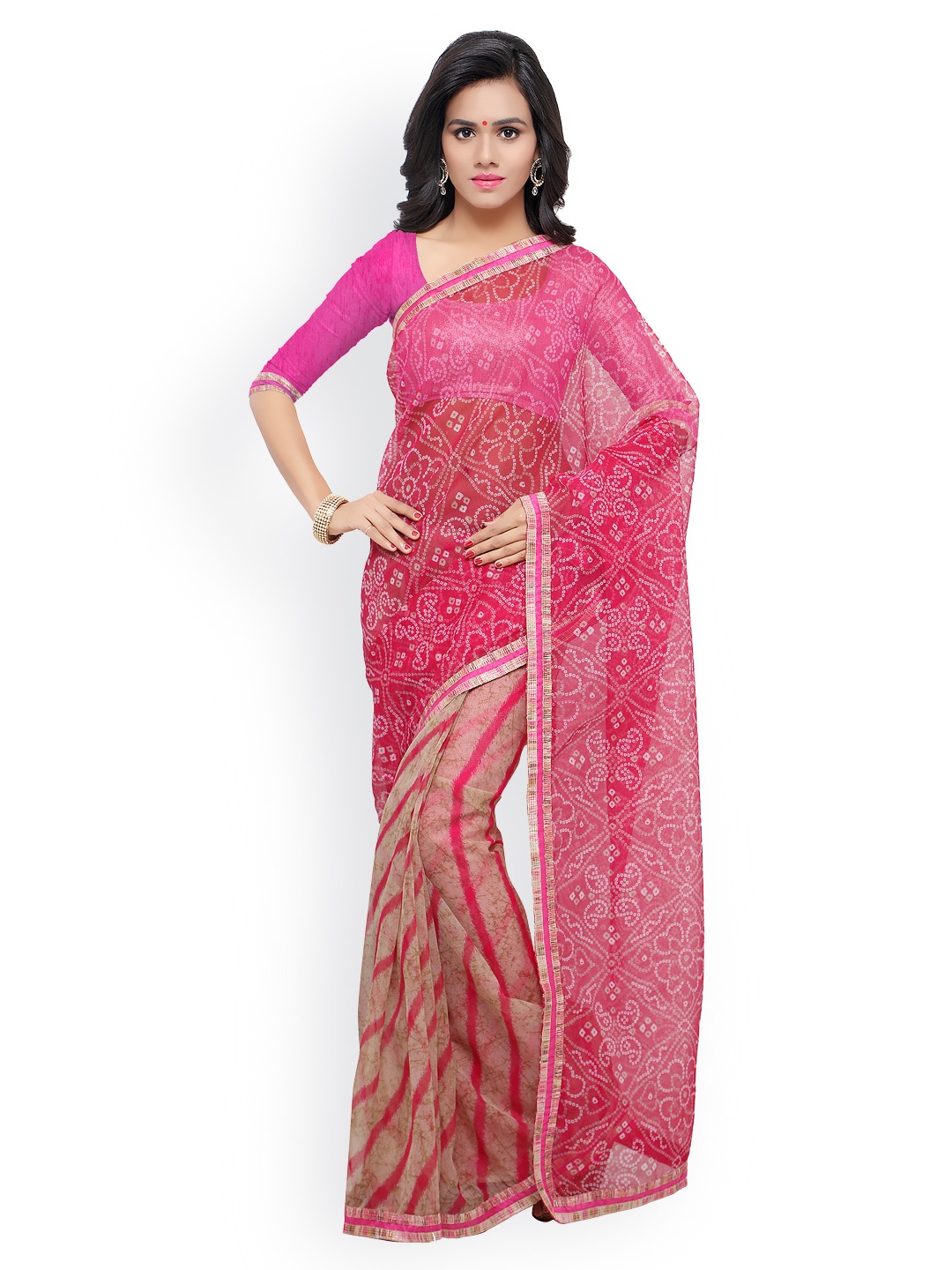 

Blissta Pink & Beige Bandhini Print Saree