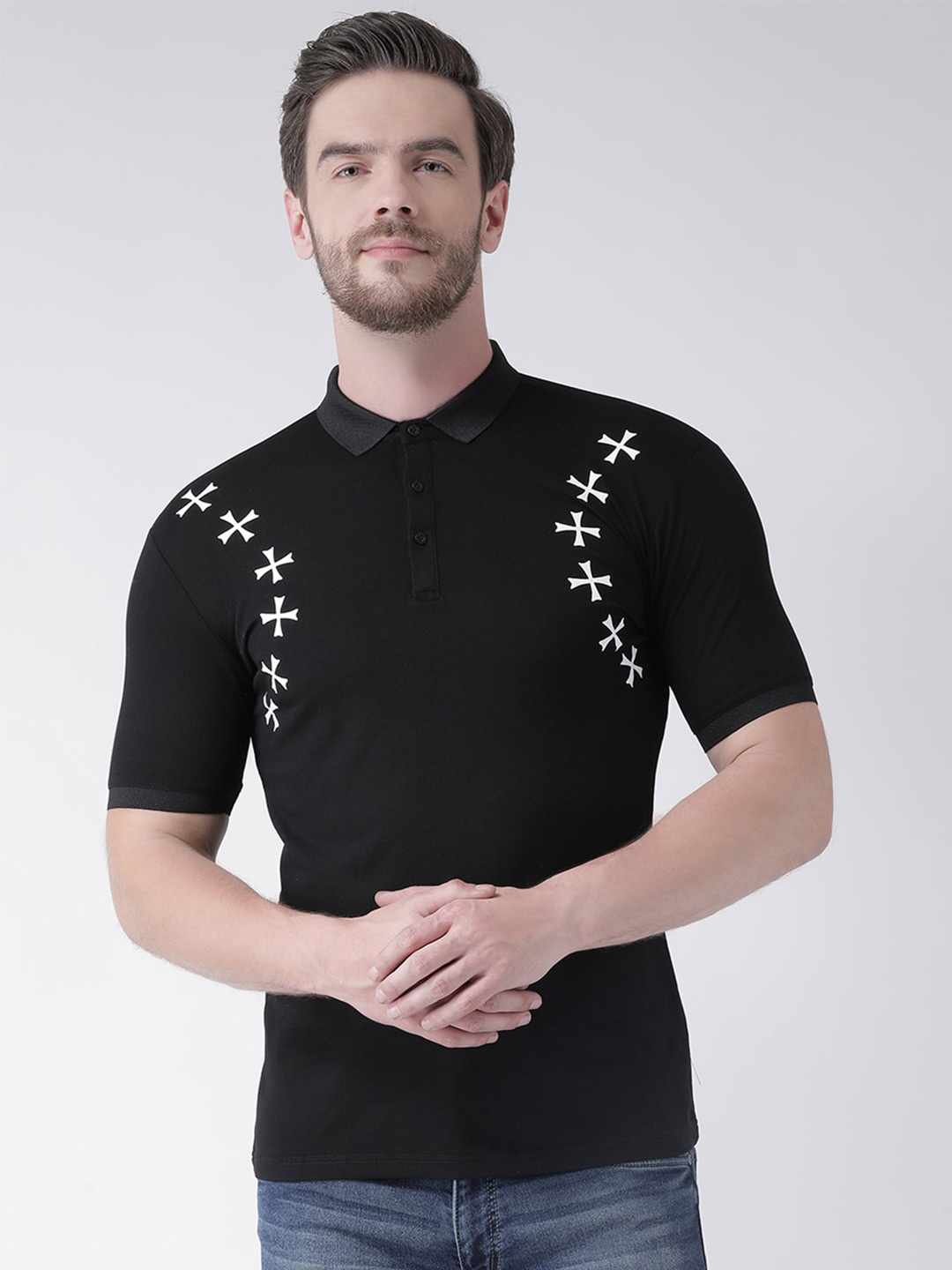 

Rex Straut Jeans Men Black Printed Polo Collar Slim Fit T-shirt