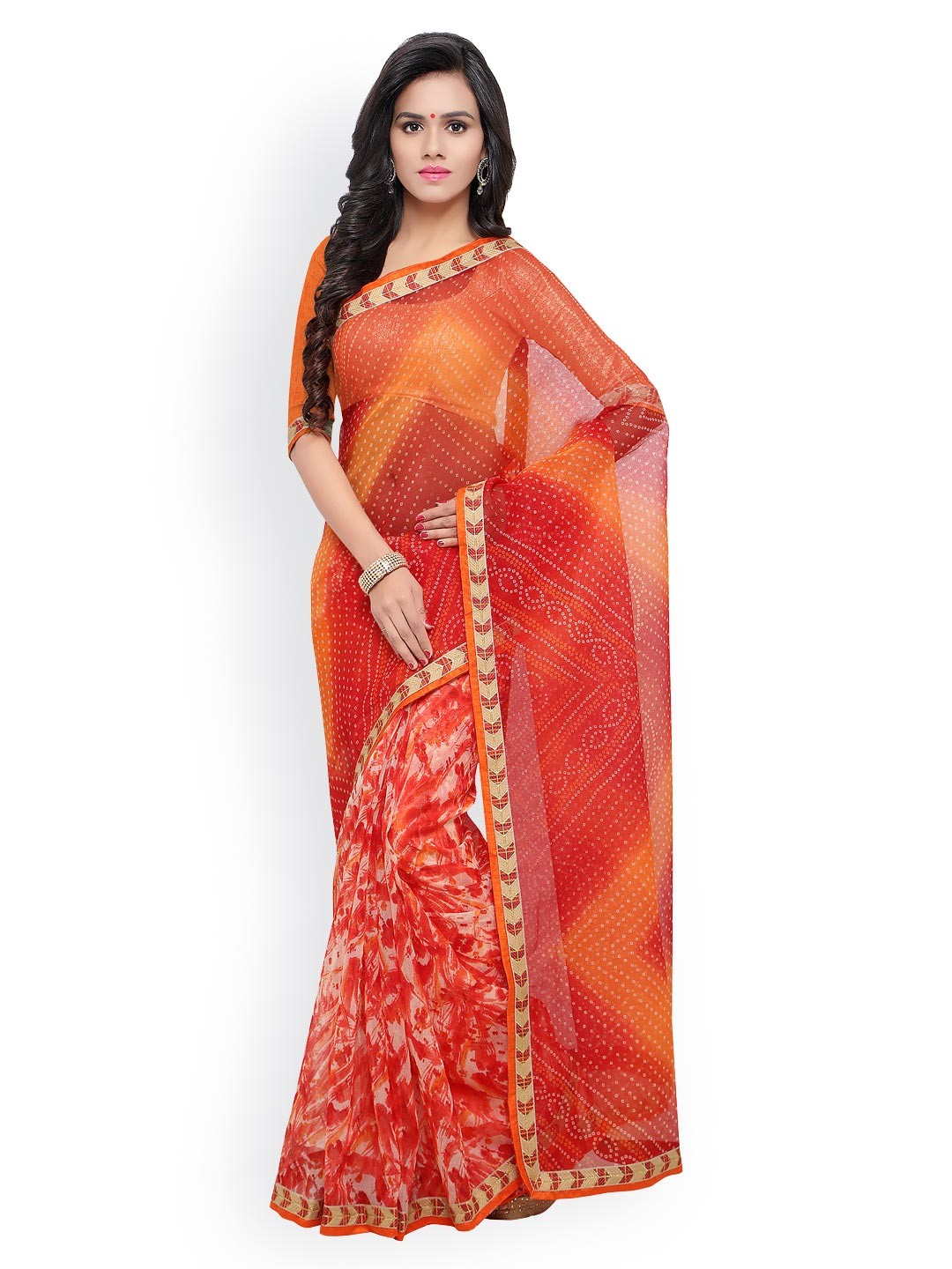 

Blissta Orange & Red Bandhini Print Saree