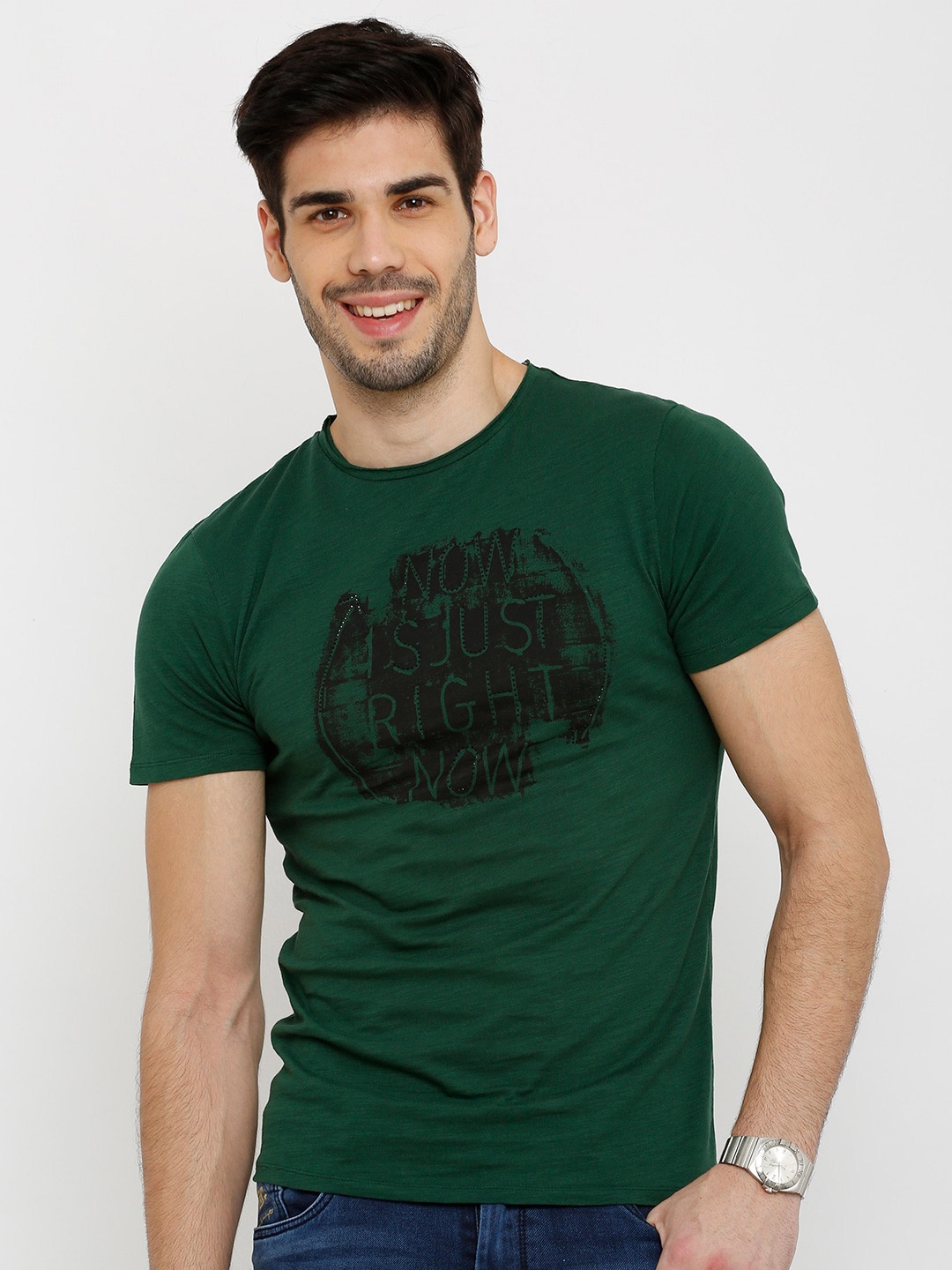 

Rex Straut Jeans Men Green Typography Printed Slim Fit T-shirt
