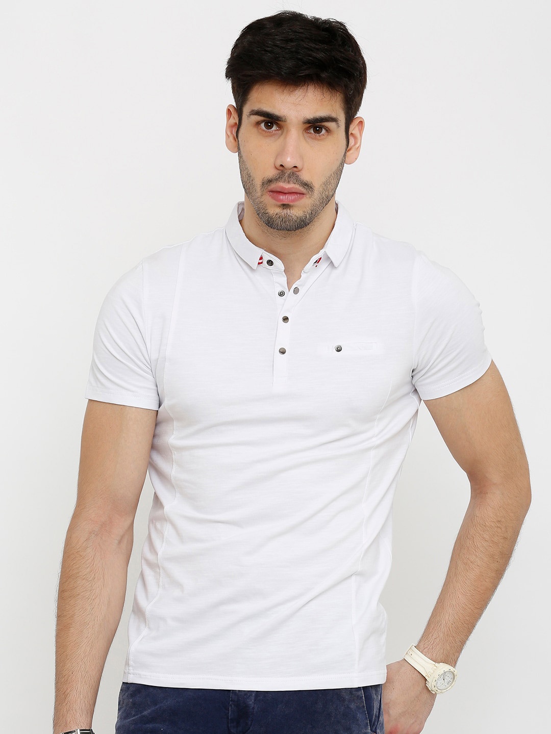 

Rex Straut Jeans Men White Polo Collar Slim Fit T-shirt