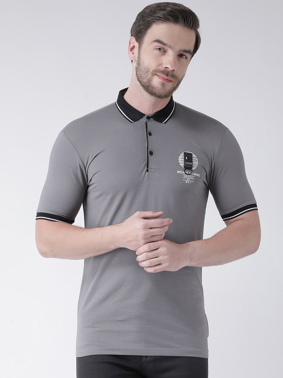

Rex Straut Jeans Men Grey Polo Collar Slim Fit T-shirt