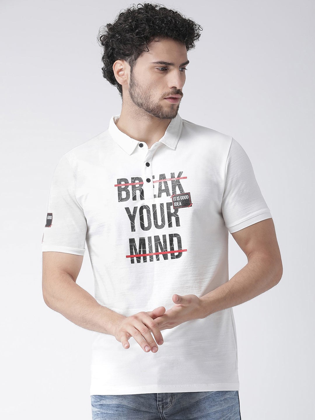 

Rex Straut Jeans Men White Typography Polo Collar Slim Fit T-shirt