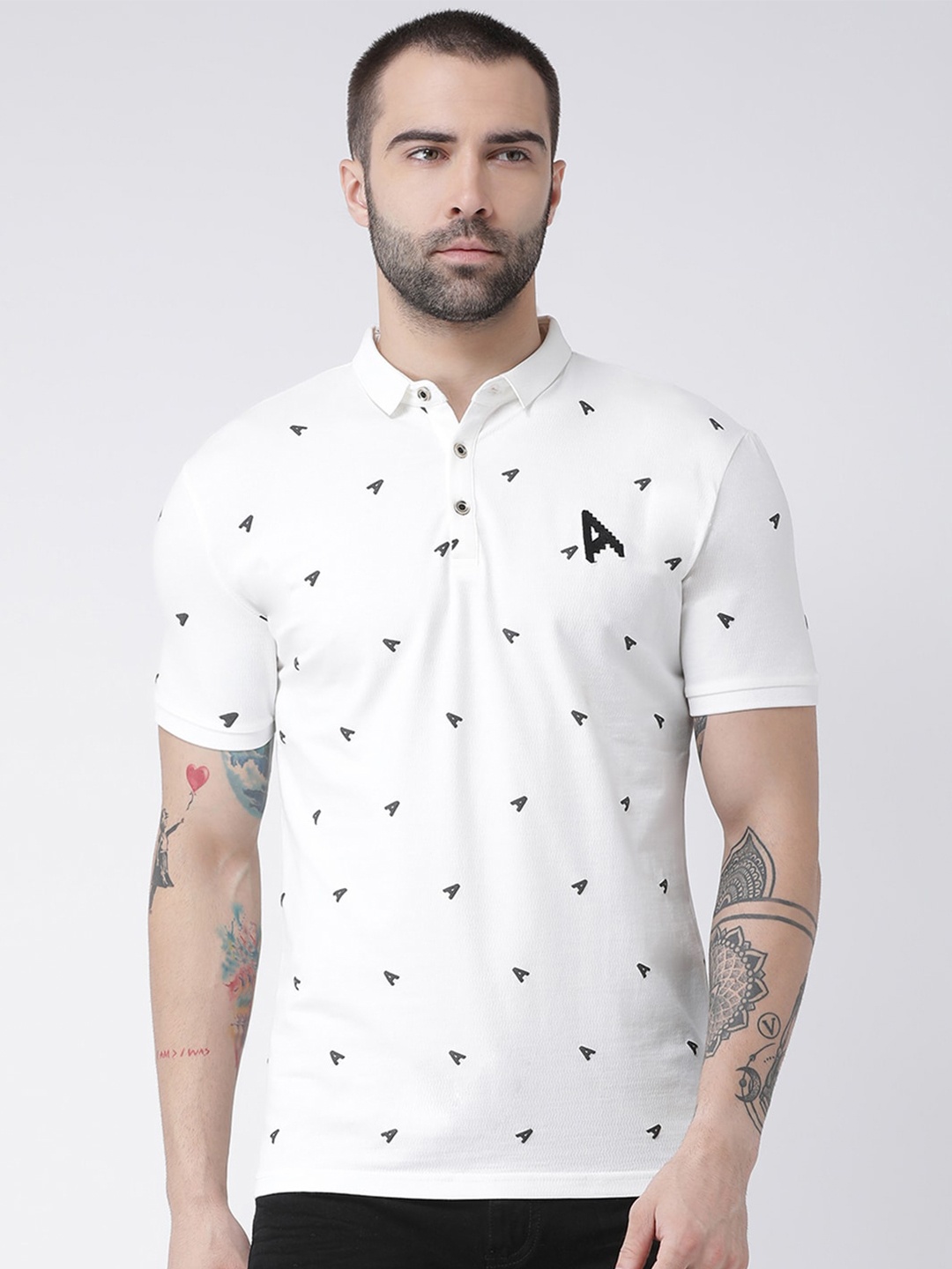 

Rex Straut Jeans Men White Typography Printed Polo Collar Slim Fit T-shirt