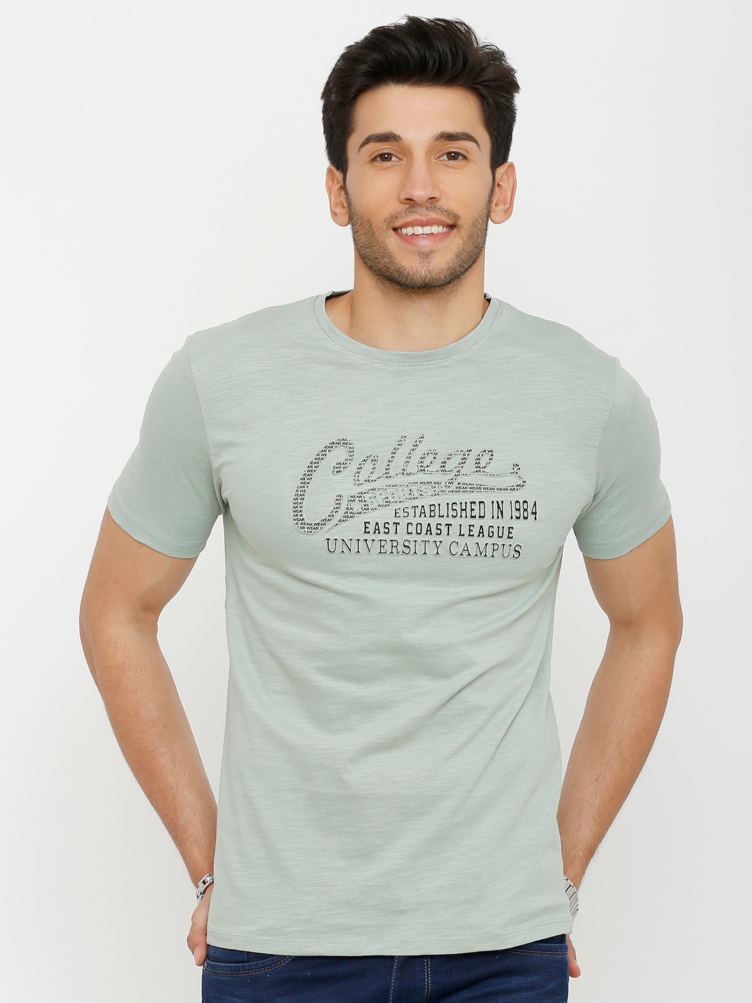 

Rex Straut Jeans Men Sea Green Typography Slim Fit T-shirt