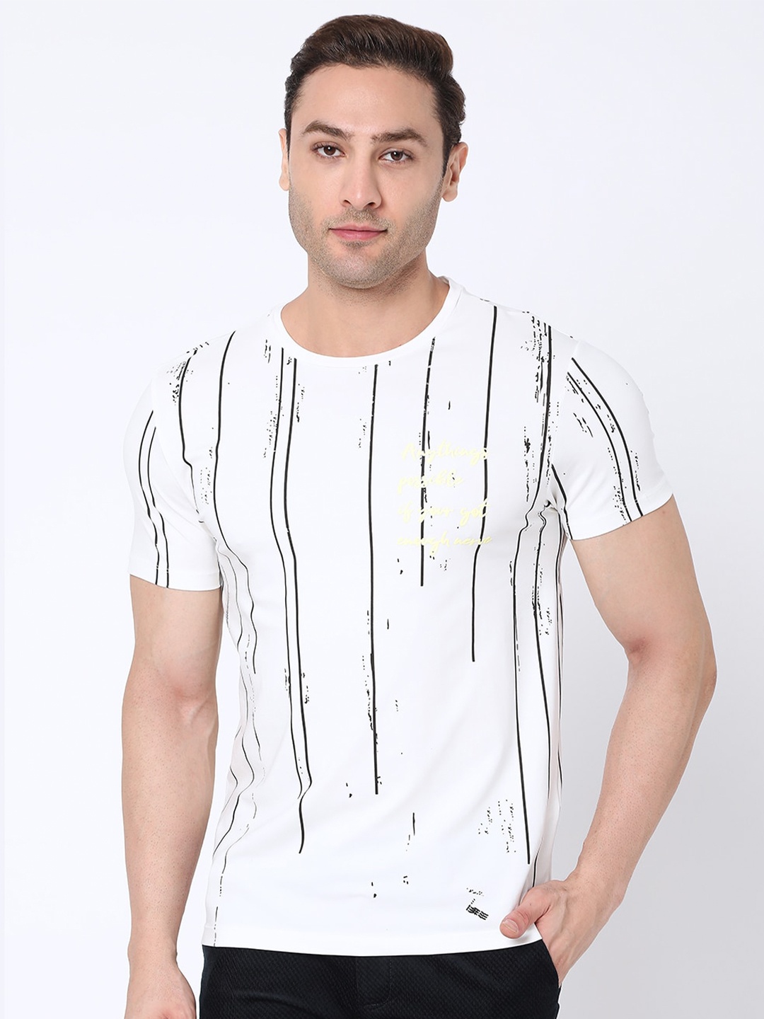 

Rex Straut Jeans Men White Typography Striped Slim Fit T-shirt