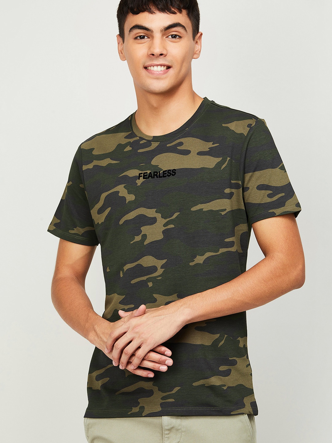 

Forca by Lifestyle Men Olive Green Camouflage Printed Slim Fit T-shirt