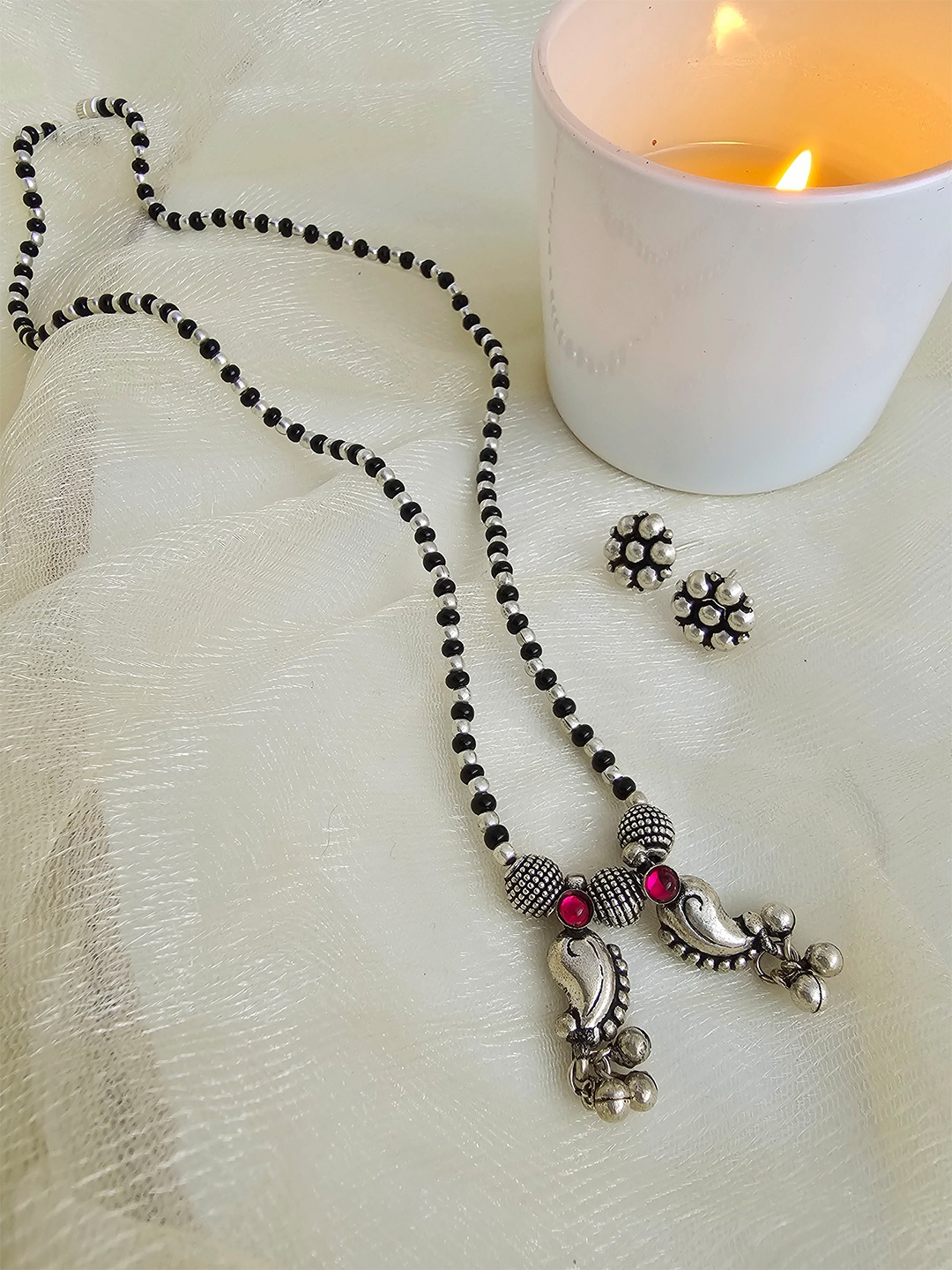 

Binnis Wardrobe Silver-Plated & Black Beaded Mangalsutra With Earings