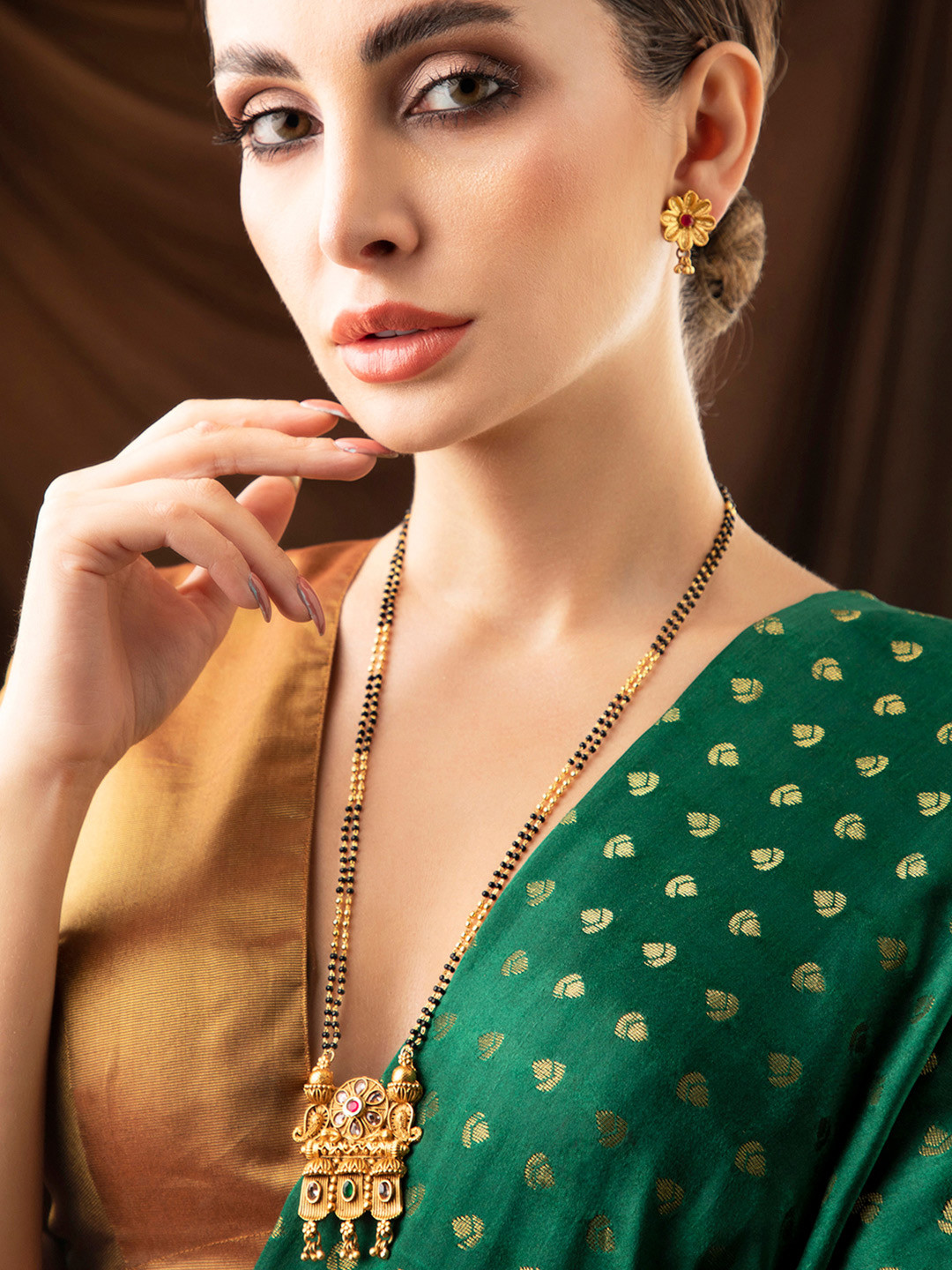 

Rubans Gold-Plated Black Beaded Pink & Green Stone Studded Temple Mangalsutra Set