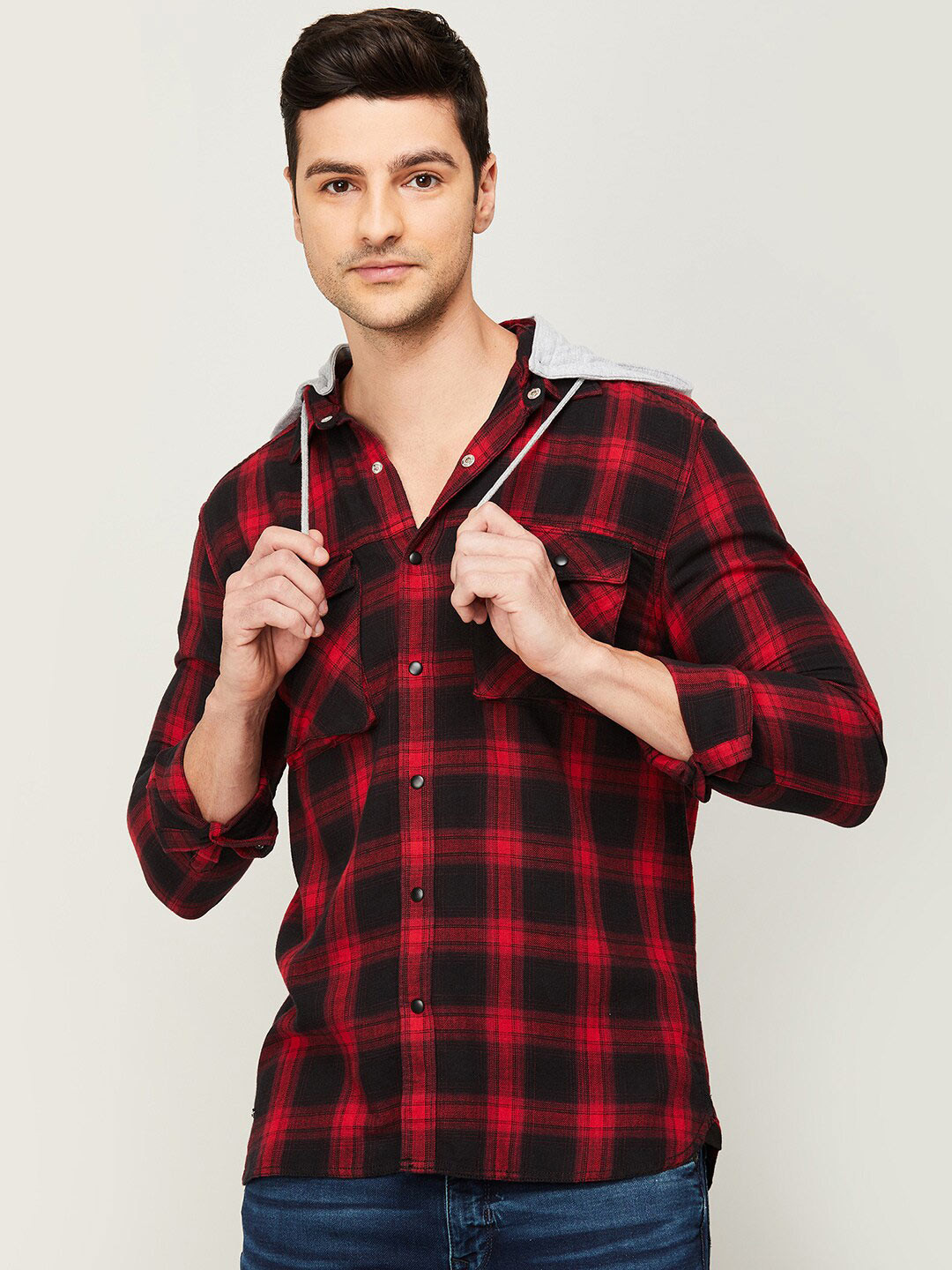

Forca by Lifestyle Men Red Regular Fit Standard Checked Hooded Casual Shirt