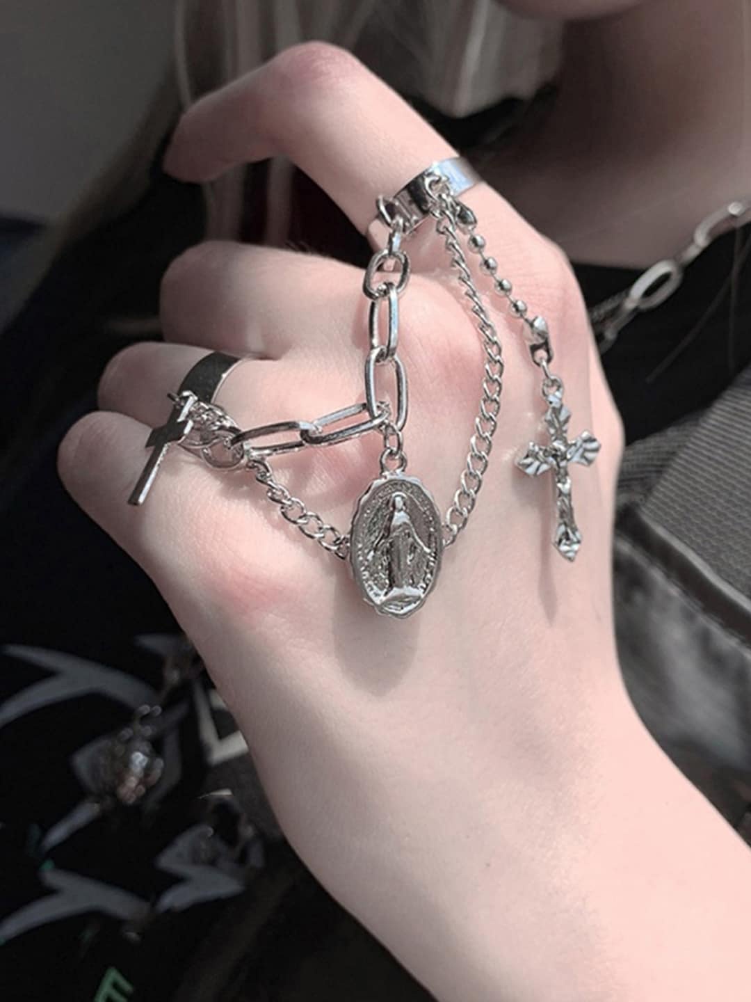 

Jewels Galaxy Set Of 2 Silver-Plated Chained Design Finger Ring