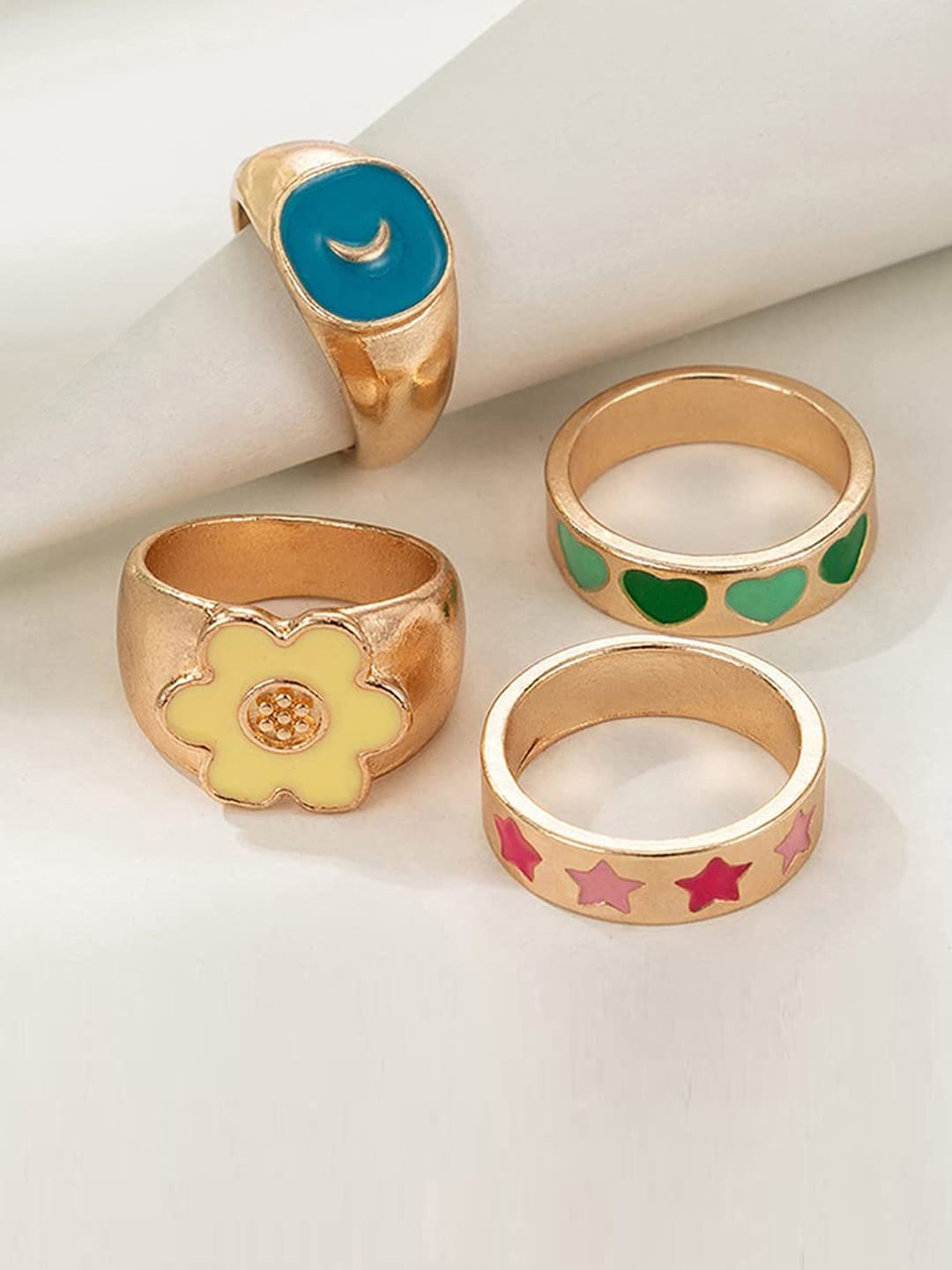 

Jewels Galaxy Set Of 4 Gold-Plated Multi-Coloured Enamelled Design Finger Ring